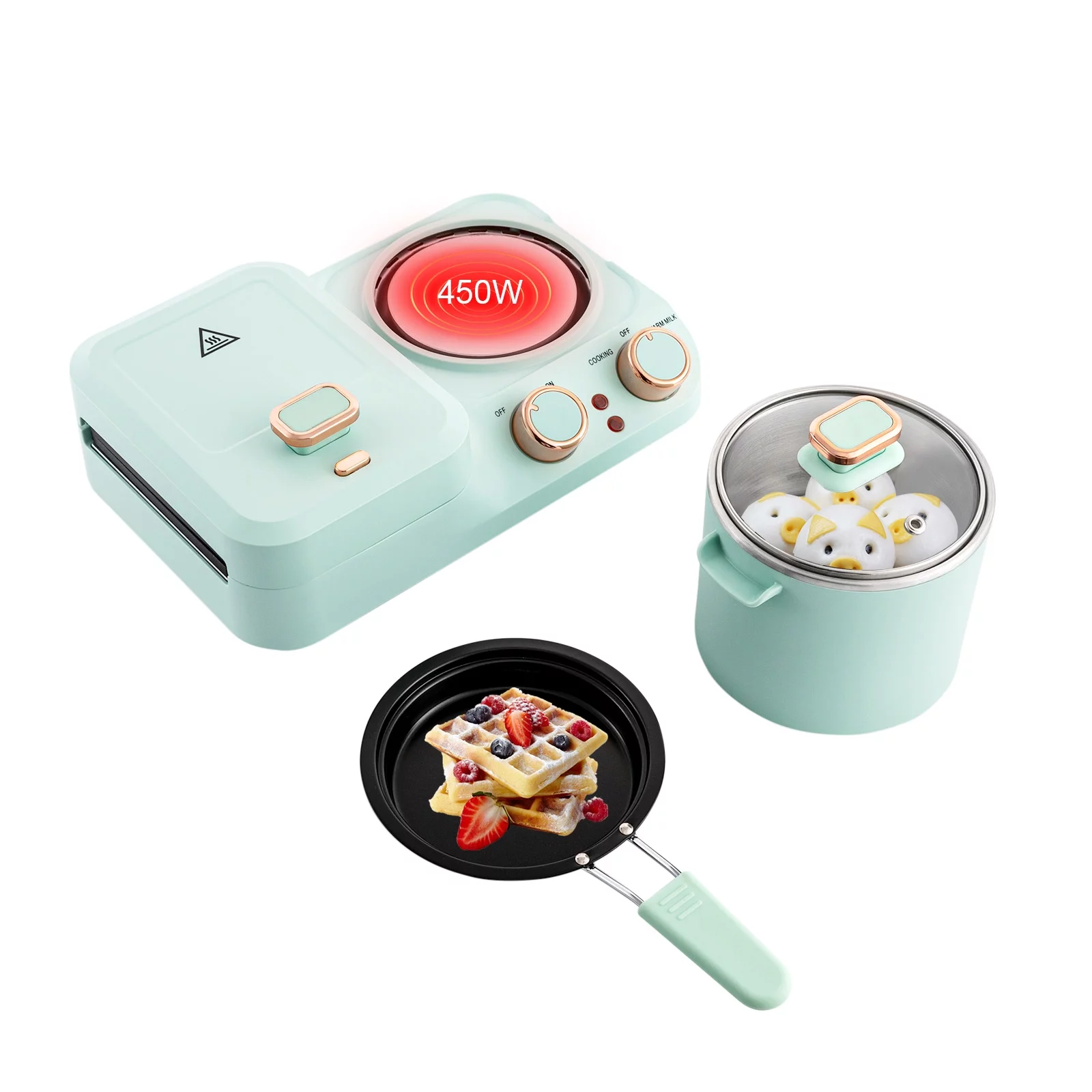3?in?1?Breakfast?Station,?Retro?Household?Breakfast?Maker,?Electric?Mini?Toaster?Bread?Breakfast?Sandwich?Maker,?Breakfast?Machine?with?Frying?Pan,?Boiling?Pot,?Food?Steamer