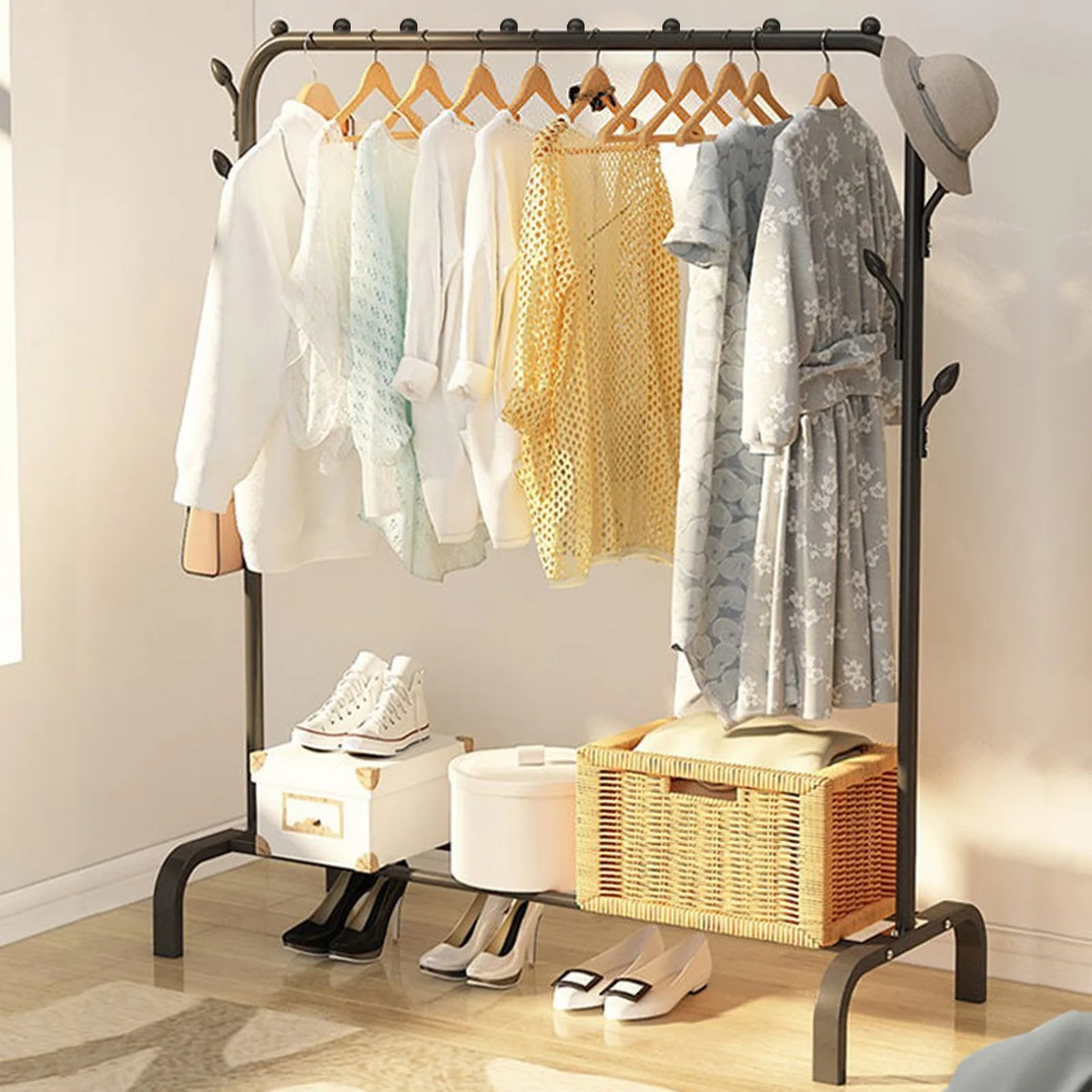 KMYY Clothes Rack With Hooks Multi-functional Storage Shelf ,Sturdy Metal Frame for Hanging Clothes,Coats,Skirts,Hats,Black