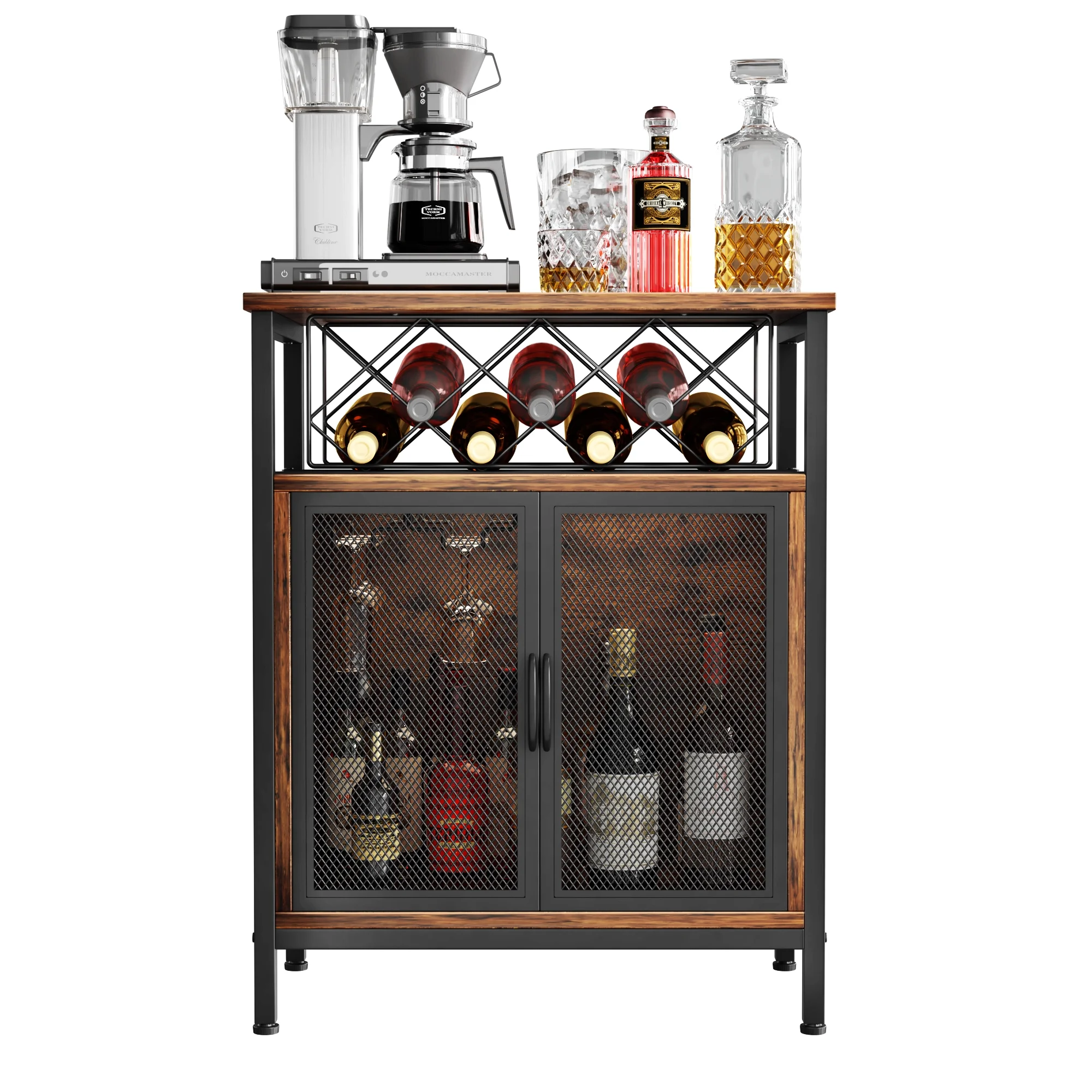 Kalrin Wine Bar Cabinet, Coffee Bar Buffet Cabinet with Storage, Corner Home Bar Liquor Cabinet with Wine Rack for Living Room, Kitchen, Rustic Brown