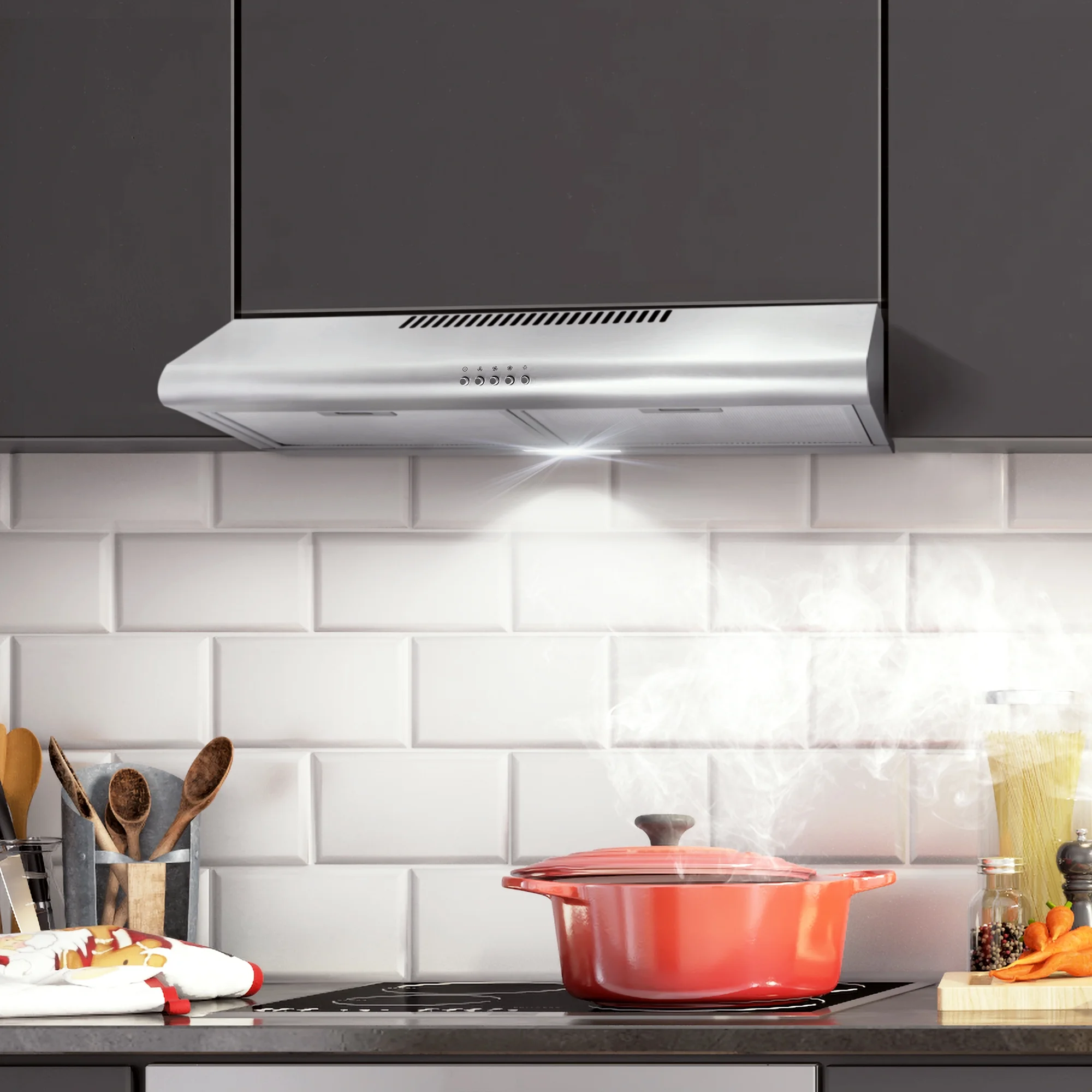 Cosmo 30 in. Under Cabinet Range Hood with Ducted / Ductless Convertible Duct, Slim Kitchen Stove Vent with, 3 Speed Exhaust Fan, Reusable Filter and LED Lights in Stainless Steel