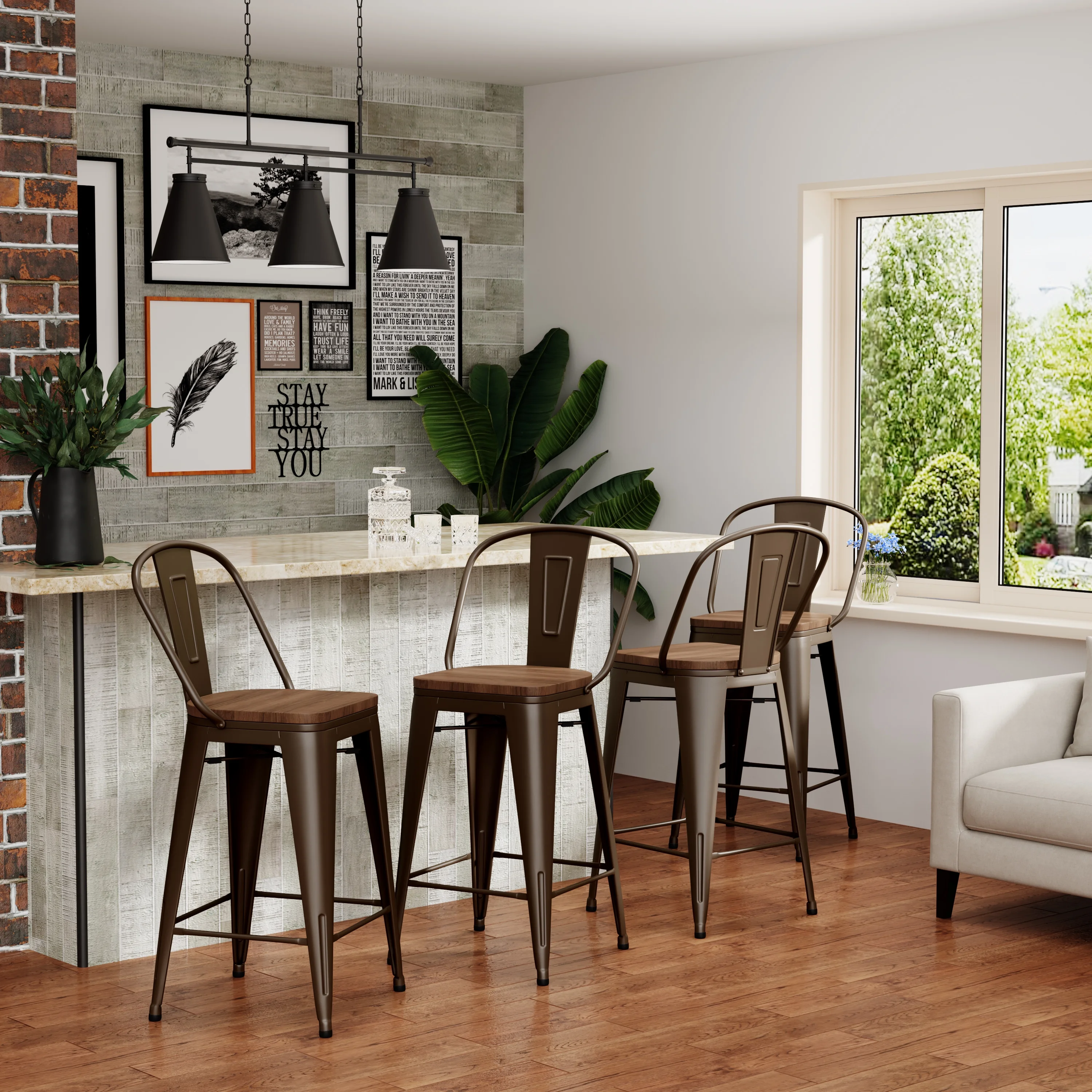 Andeworld Metal Bar Stools Set of 4 Bar Stools with Backs Counter Stools Counter Height Stools High Back Bar Chairs 26 Inch Rusty