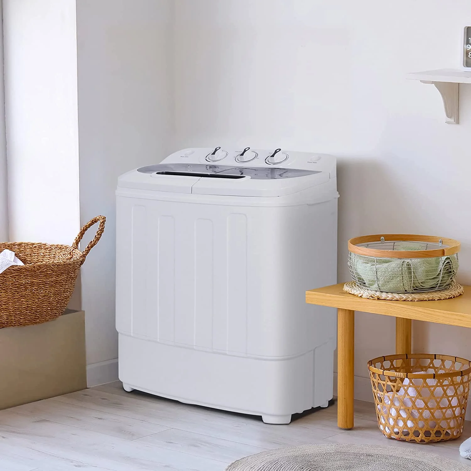 AUCHI Compact Mini Twin Tub Washing Machine 13lbs Capacity Portable Washer Wash and Spin Cycle Combo, Built-in Gravity Drain for Camping, Apartments, Dorms, College, RV's and Small Spaces