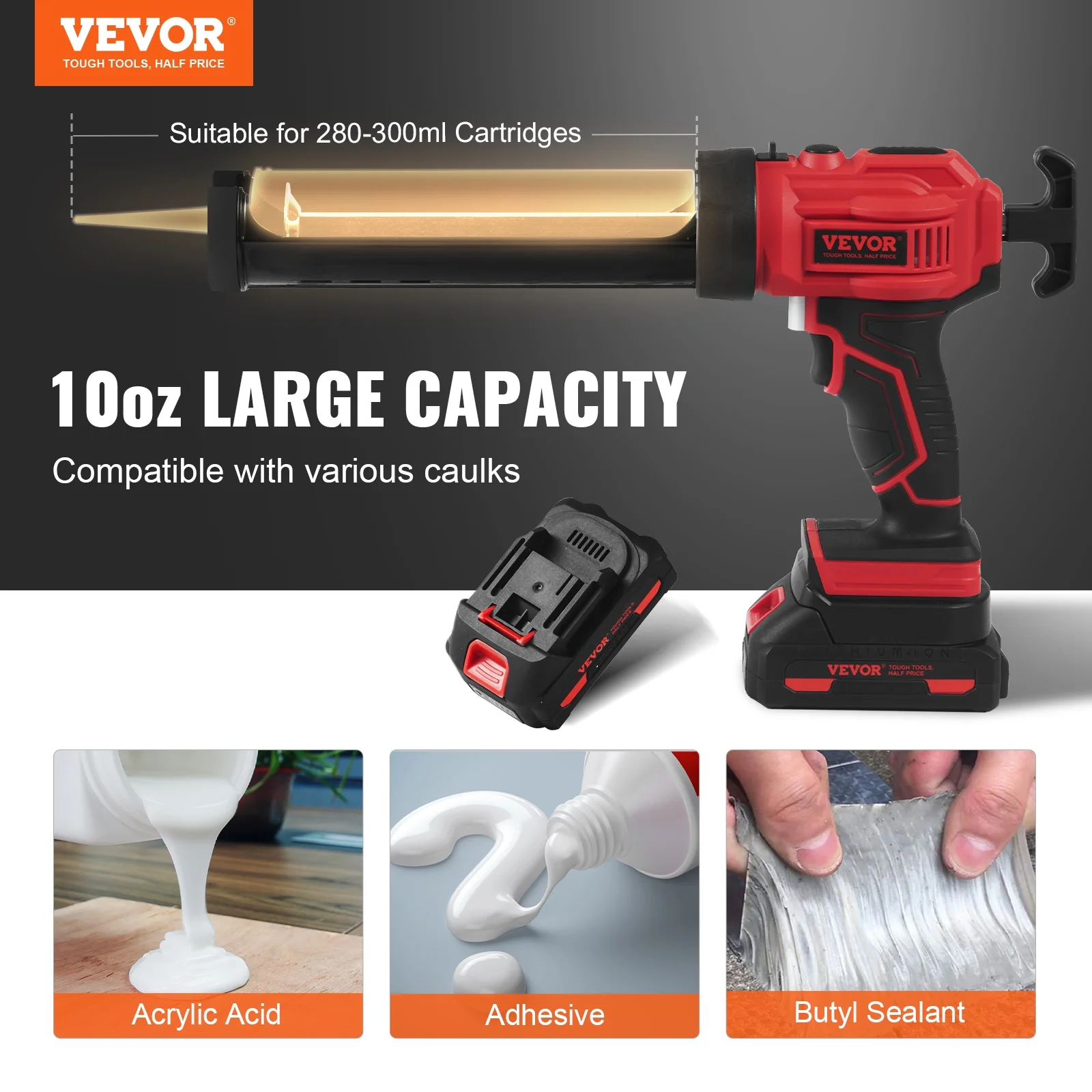 BENTISM 20V Cordless Electric Caulking Gun 10oz/300ml with 4 Adjustable Speeds