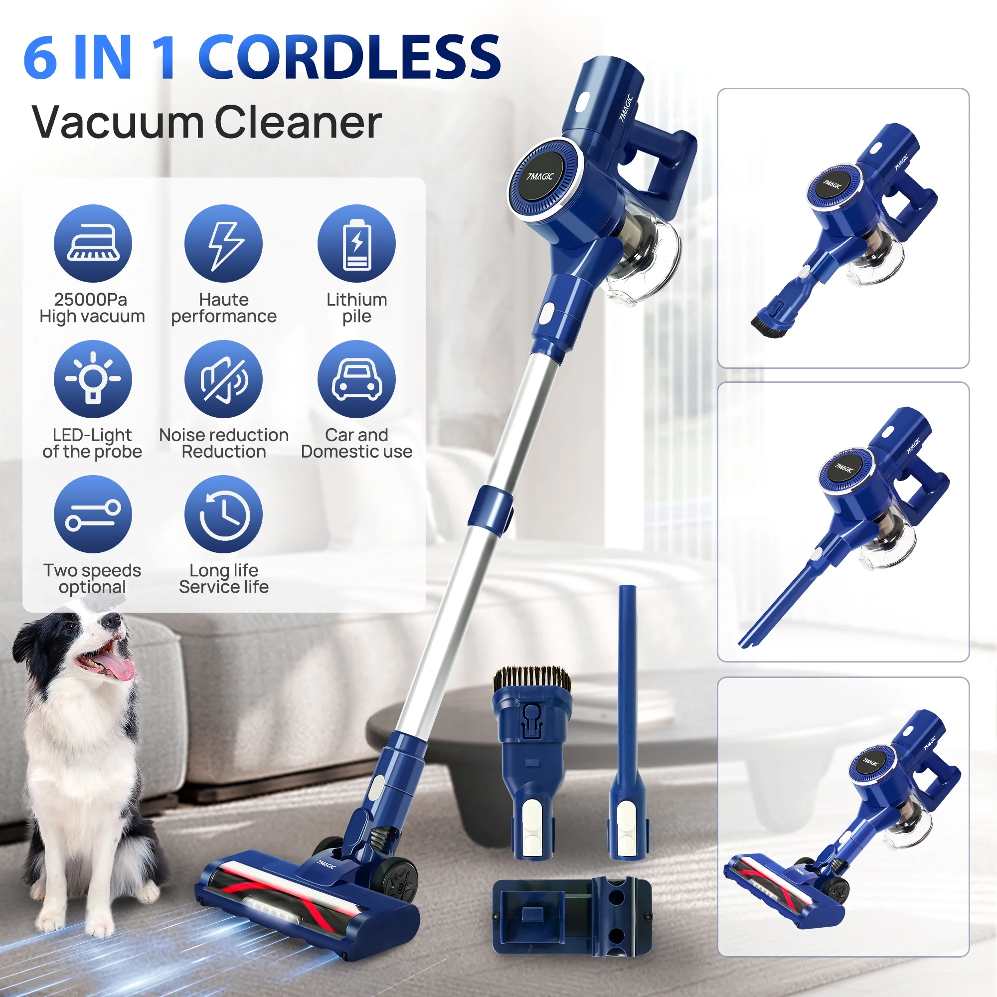 7MAGIC Cordless Vacuum Cleaner, Stick Vacuum Cleaner with 25Kpa Suction for Carpet, Hard Surfaces and Pet Hair, 40 Mins Runtime, 6 in 1 Lightweight Handheld Vacuum for Home and Car