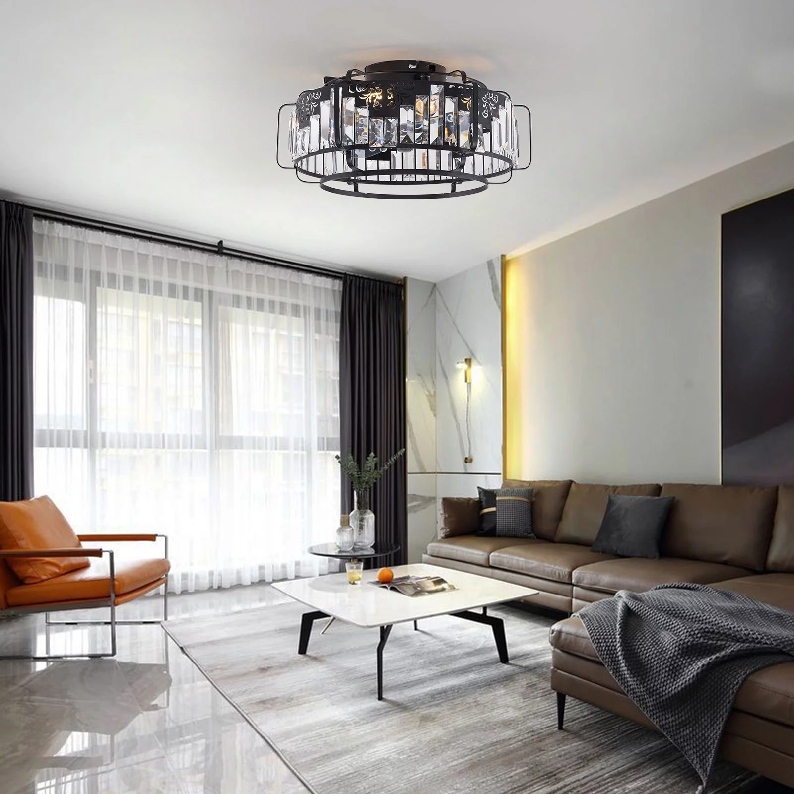 Industrial Caged Metal 3 Blades Low Profile Ceiling Fan with Light Metal Semi Flush Mount Chandelier Fan with Remote Control Black 18.5 inch
