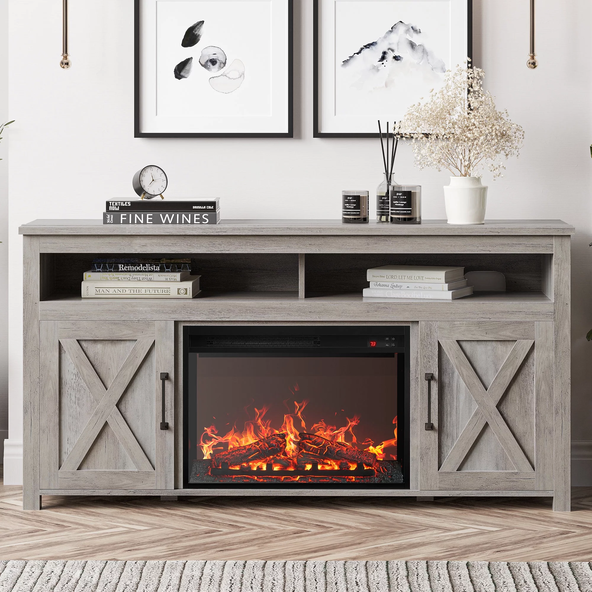 BELLEZE 58' Barn Door TV Stand Media Entertainment Center For TVs up to 65' wiht 23' Fireplace - Corin (Gray Wash)
