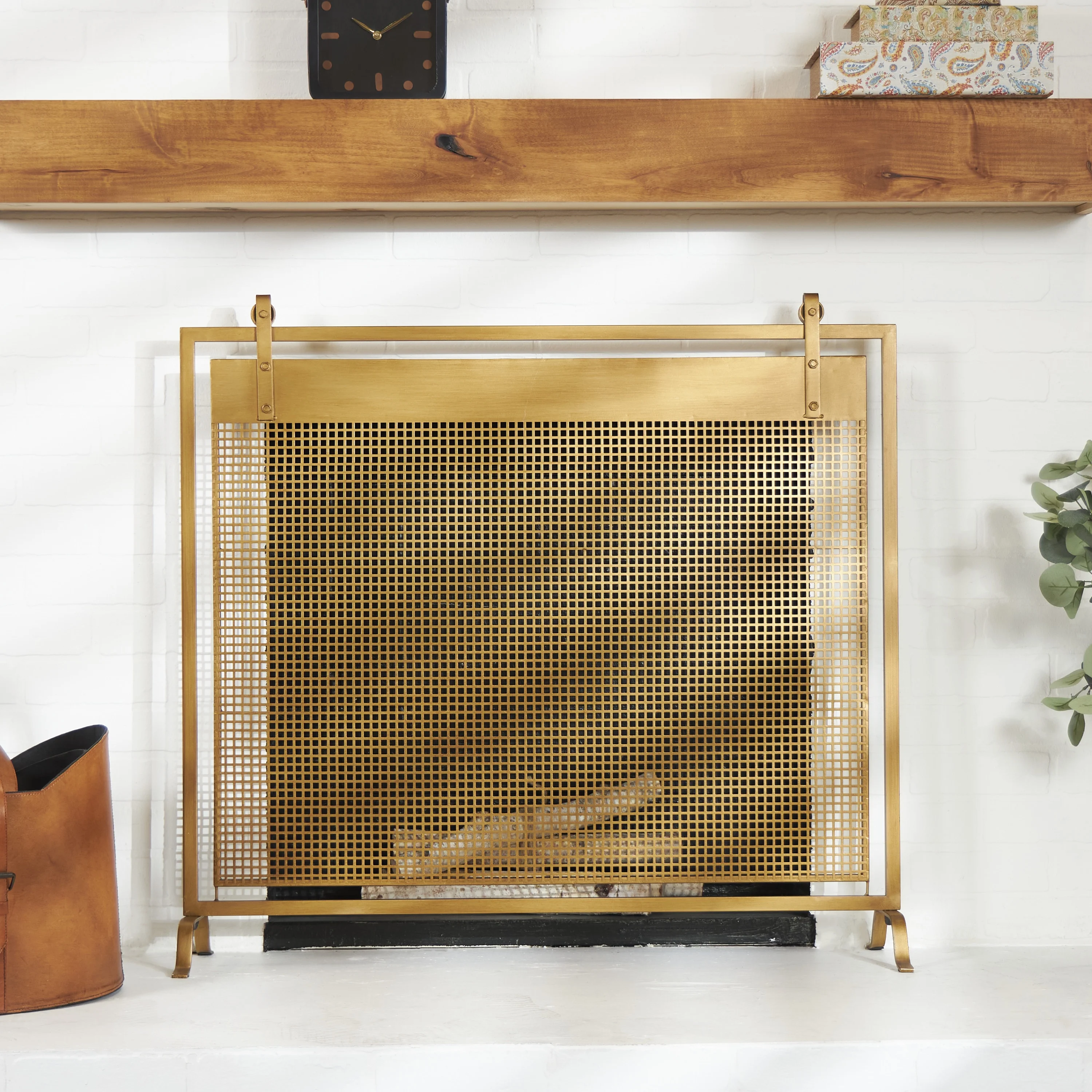 DecMode 38' x 36' Copper Metal Suspended Grid Style Netting Single Panel Fireplace Screen with Bolted Detailing, 1-Piece