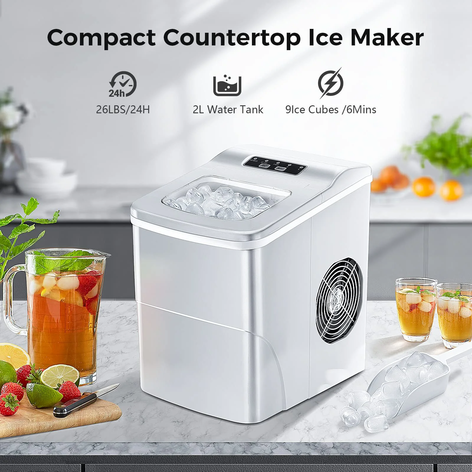 Ice Makers Countertop with Self-Cleaning, 26.5lbs/24hrs, 9 Cubes Ready in 6~8Mins, Portable Ice Machine with 2 Sizes /Ice Scoop/Basket for Home/Kitchen/Office/Bar/Party, Grey