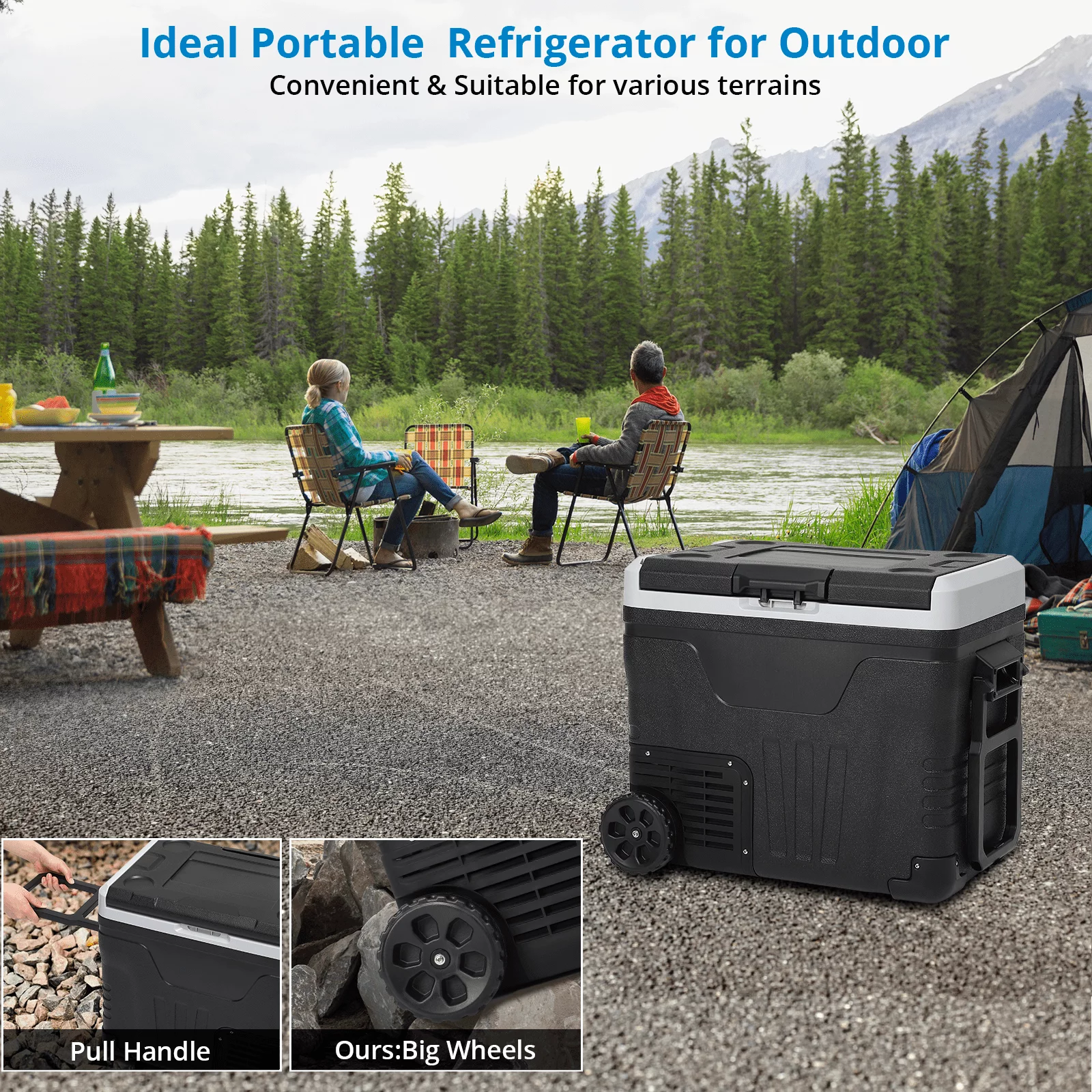 12V 53 Quarts Portable Car Refrigerator, RV Car Freezer Travel Refrigerator with Handle and Wheels, Fast Cooling Machine for Outdoor Camping/Party/BBQ,12/24V DC & 100-240V AC