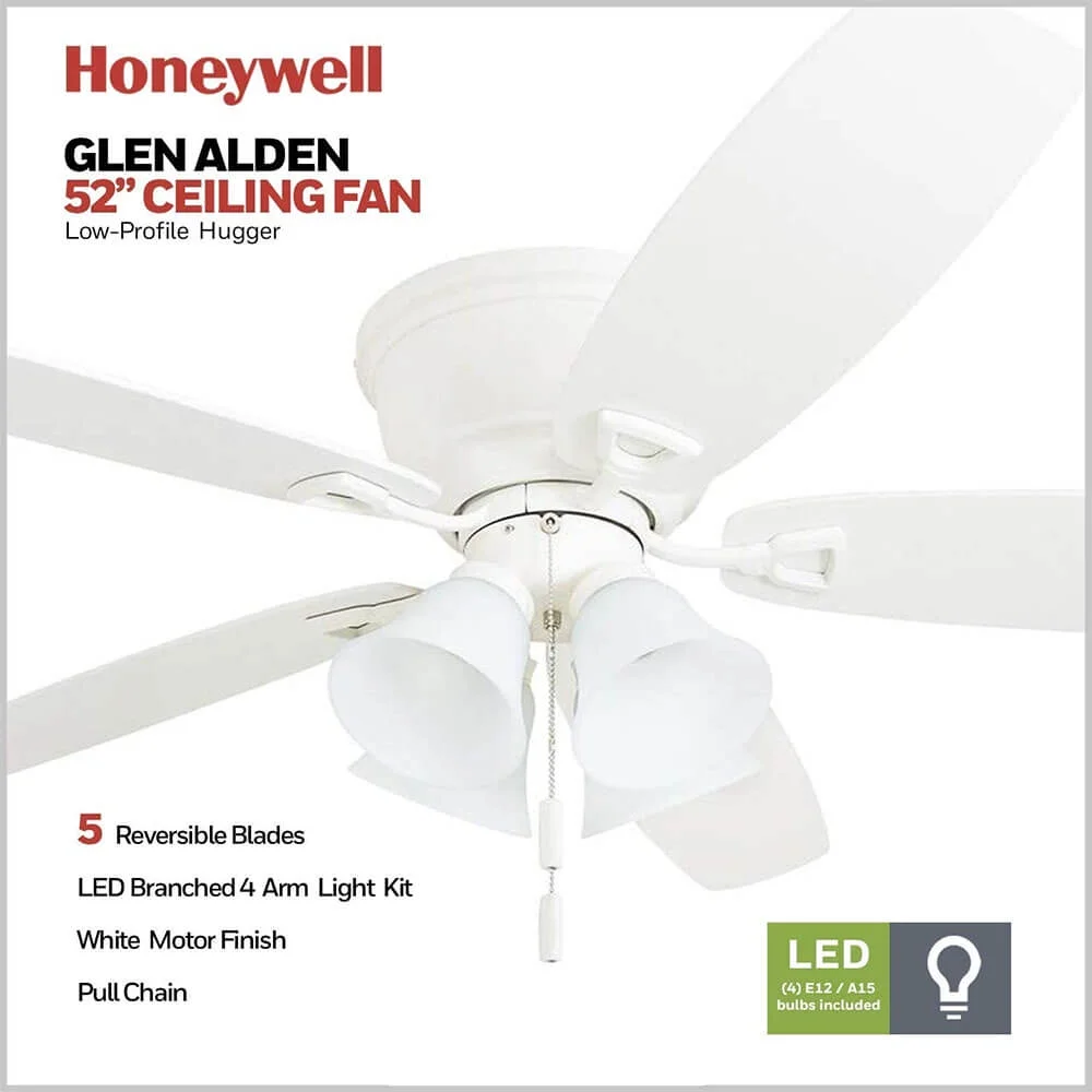 Honeywell Glen Alden 52' White Indoor Ceiling Fan with Light, 5 Blades, Pull Chains & Reverse Airflow