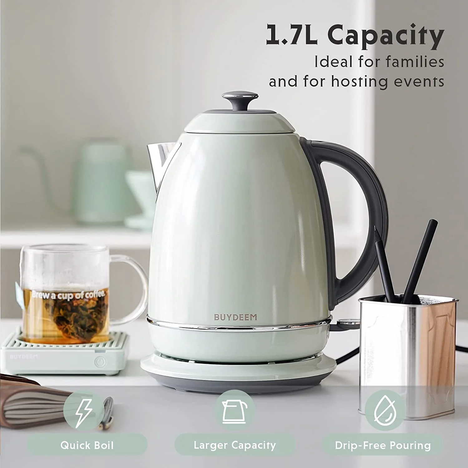 BUYDEEM K640 Stainless Steel Electric Tea Kettle with Auto Shut-off 1.7 L, 1440W (Cozy Greenish)