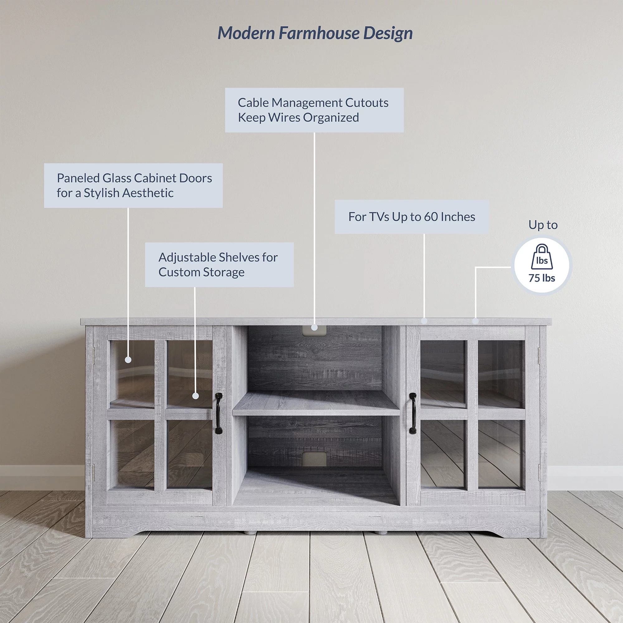 BELLEZE TV Stand Media Entertainment Center Console - Cori (Stone Grey)