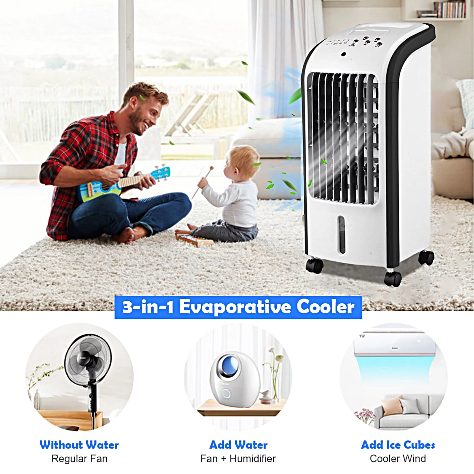 Evaporative Cooler, BTMWAY 3-IN-1 Portable Air Conditioner for Room, Swamp Cooler Fan Portable Air Conditioner with Remote Control, 3 Modes, 3 Speeds, 4L Water Tank, White