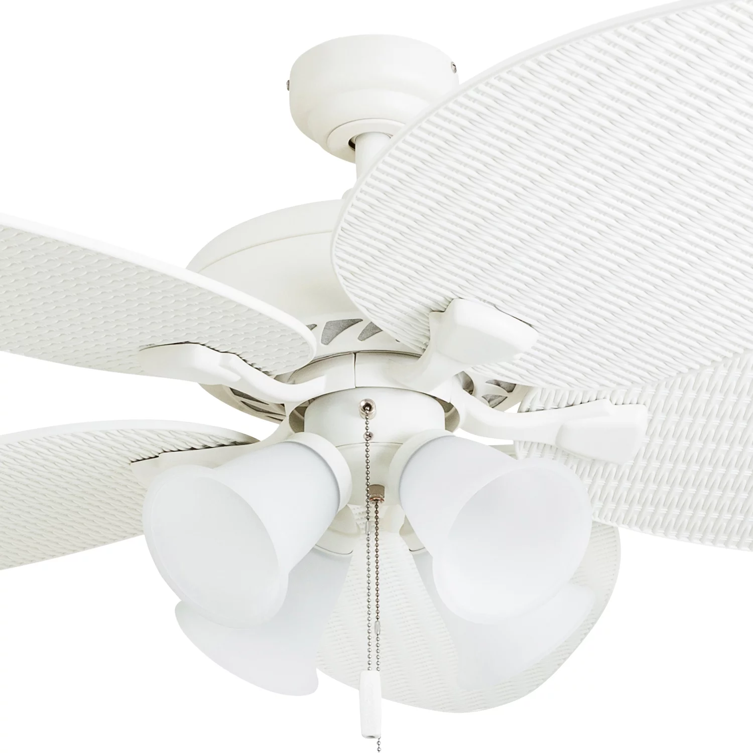 Honeywell Palm Lake 52' White Tropical Ceiling Fan with 5 Palm Blades, 4 Arm Light Kit, Pull Chains & Reverse Airflow