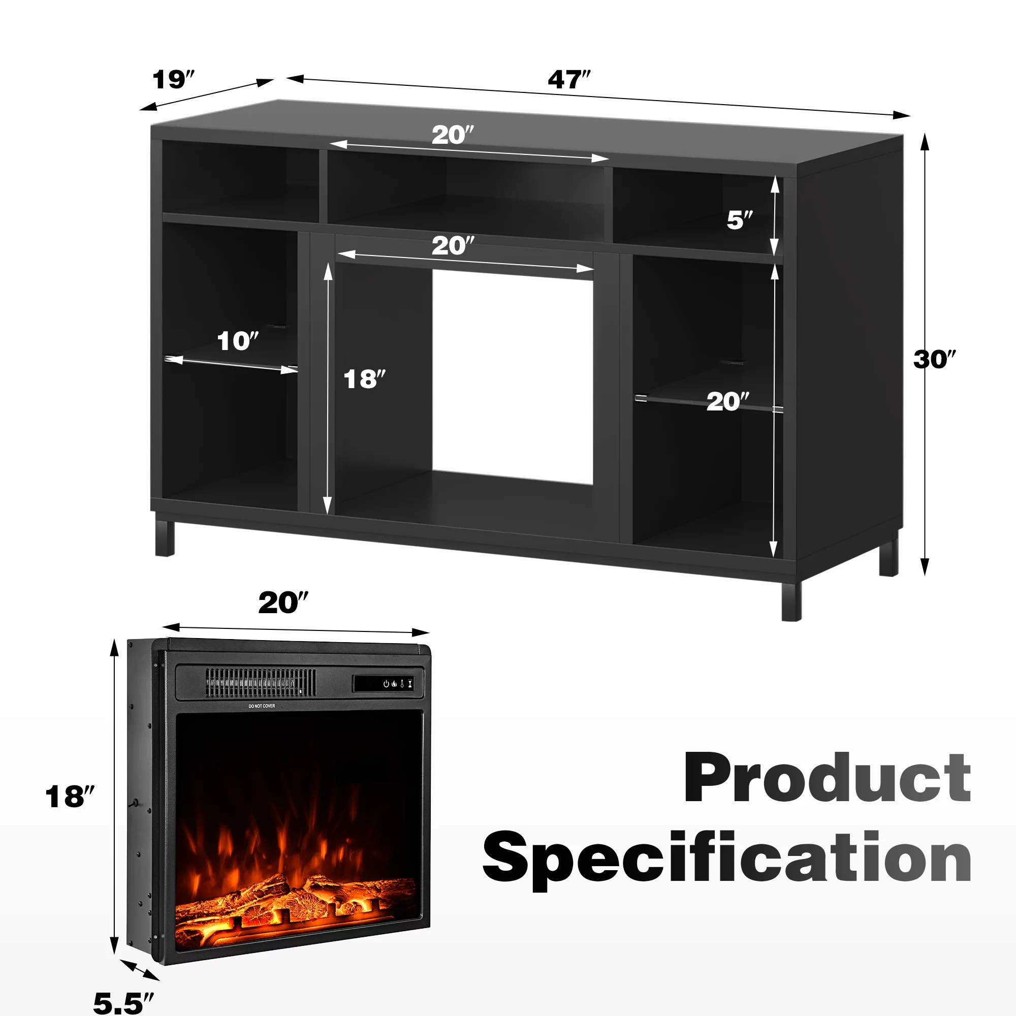 Fireplace TV Stand with 18' Electric Fireplace, Entertainment Center with Adjustable Glass Shelves, TV Console for TVs up to 47