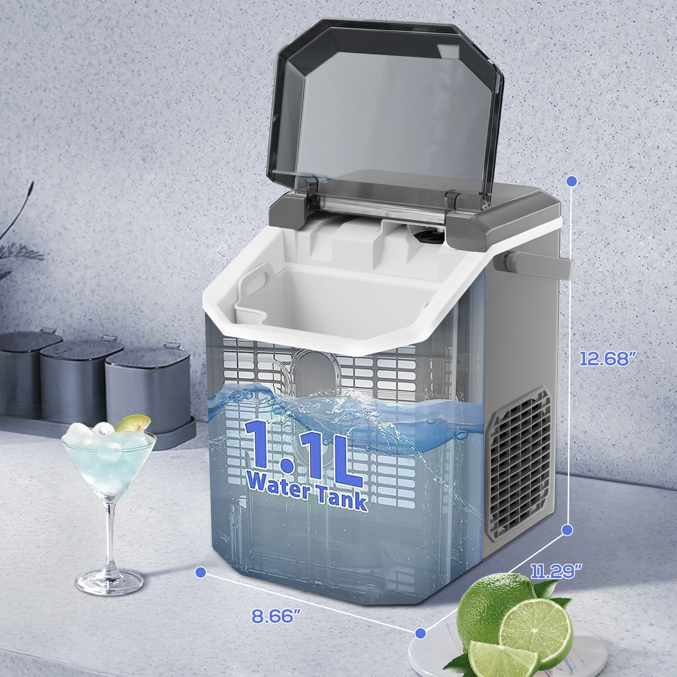 Auseo Nugget Ice Maker Countertop with Soft Chewable Pellet Ice, Portable Ice Machine with Handle, 34lbs/24H, for Kitchen/Office/Party (GRAY)