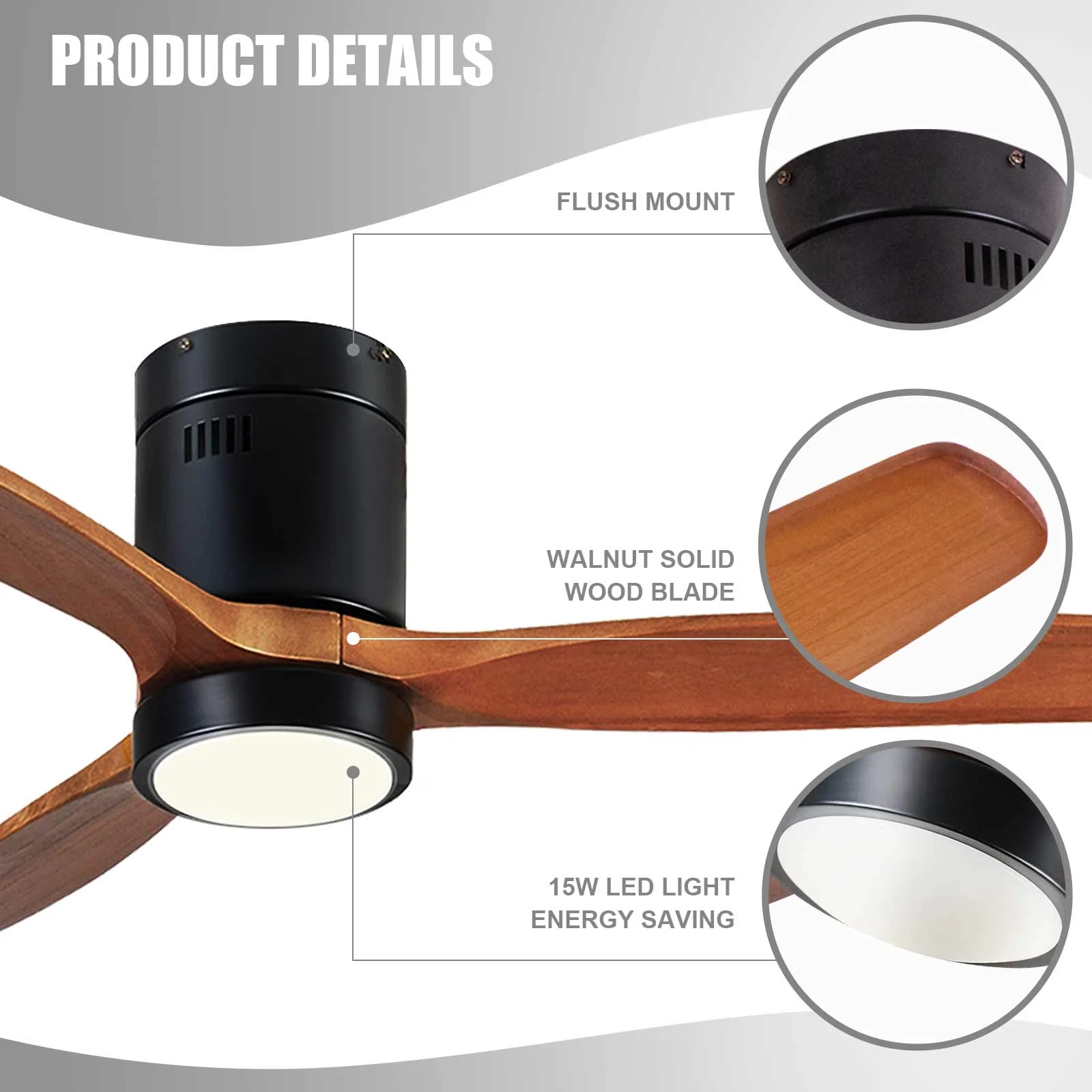 KAPOEFAN Flush Mount Ceiling Fan with Light and Remote,52 inch Wood Fan for Outdoor Patio/Indoor Living room