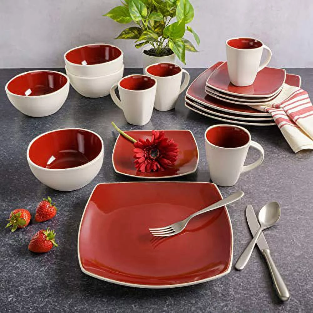 Gibson Soho Lounge White Square 16-Piece Dinnerware Set - Red