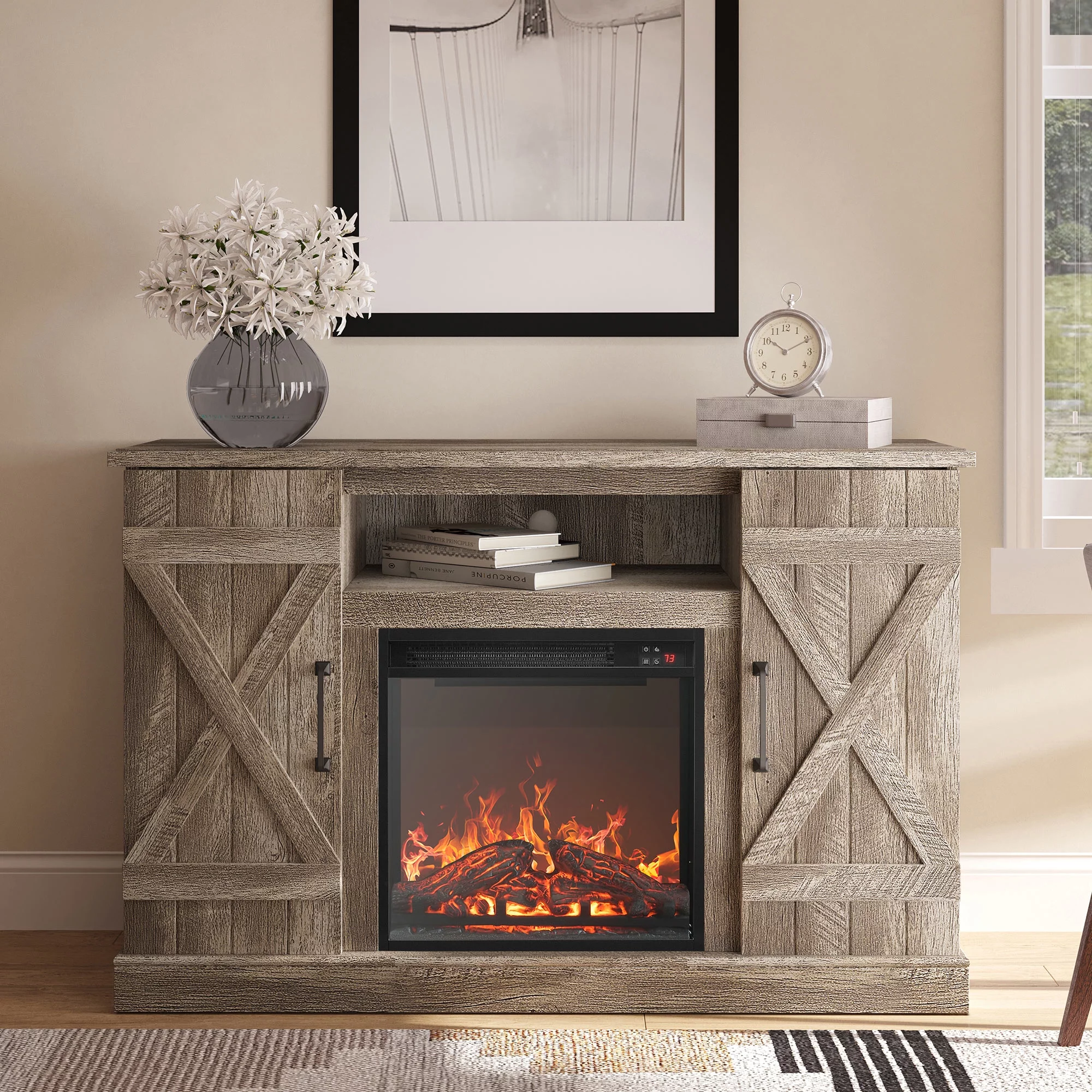 BELLEZE 47' Rustic TV Stand Entertainment Center For TVs up to 50' with 18' Fireplace - Veropeso (Ashland Pine)