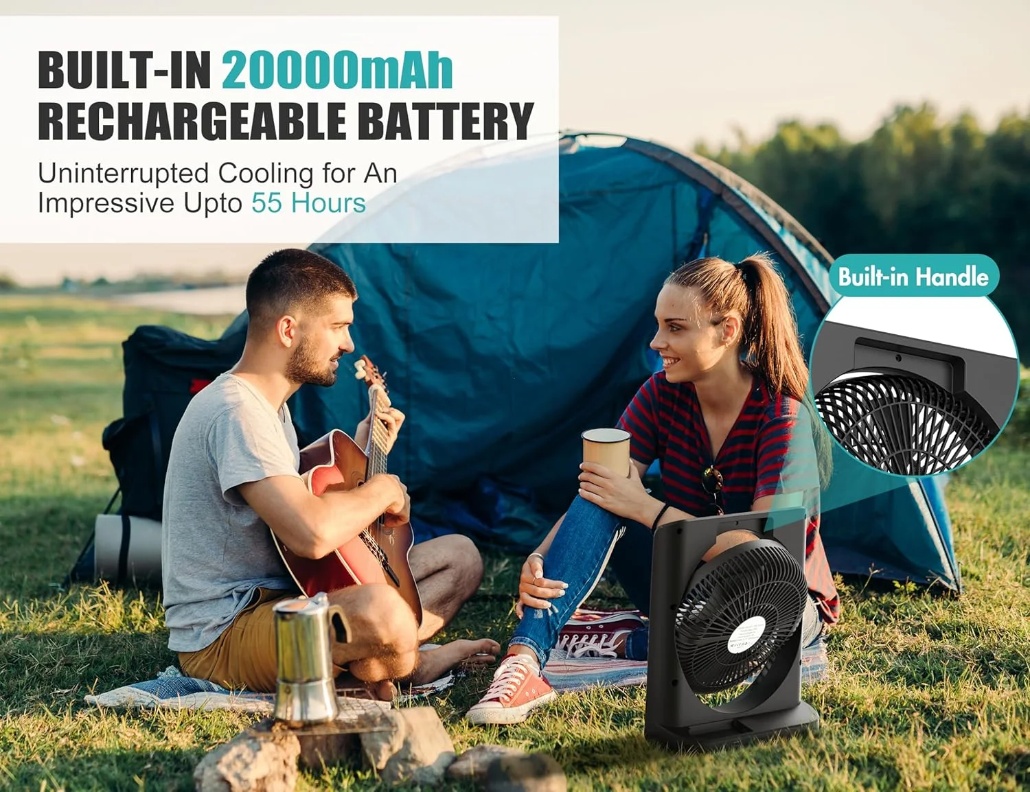 20000mAh Rechargeable Outdoor Fan - 10 inch Square Box Fan, Table Fan with Input & Output Port, 4 Timer, 210�� Pivot, 4 Powerful Speed Travel Fan for Camping, Trip, Sleep, Emergency, Power Outage