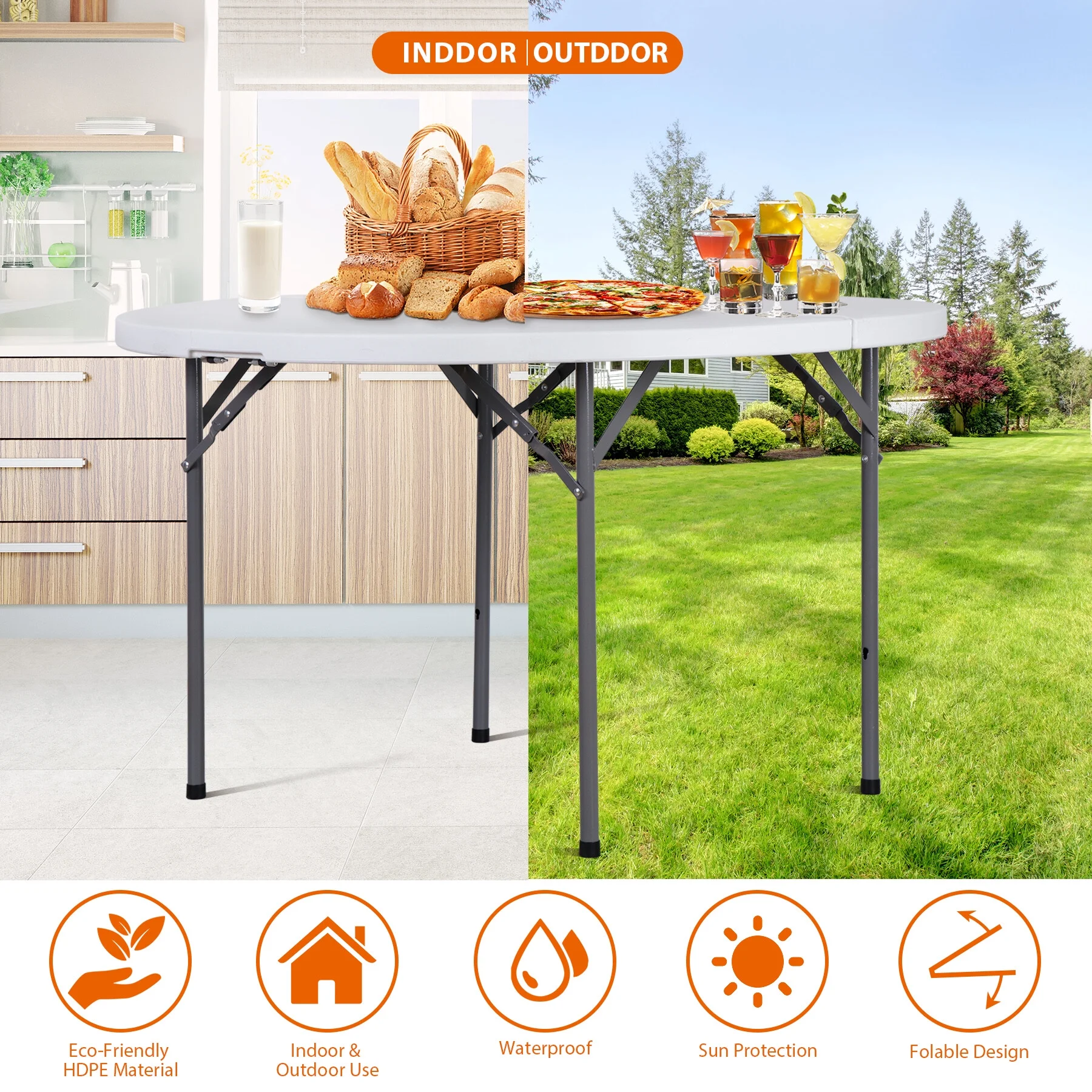 HomGarden 48' Round Bi-Folding Picnic Table 4FT Portable Plastic Dining Card Table Indoor & Outdoor White