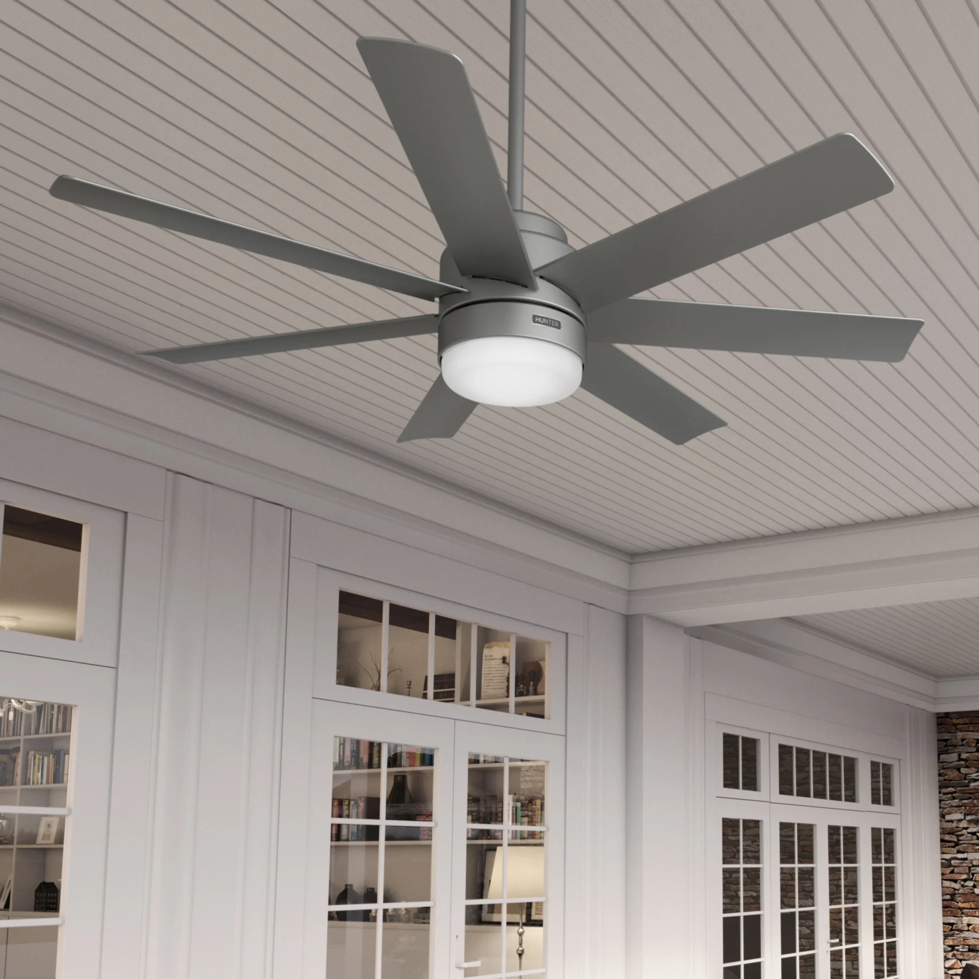 Hunter 52 inch Brazos Matte Silver Damp Rated Ceiling Fan with LED Light Kit and Handheld Remote