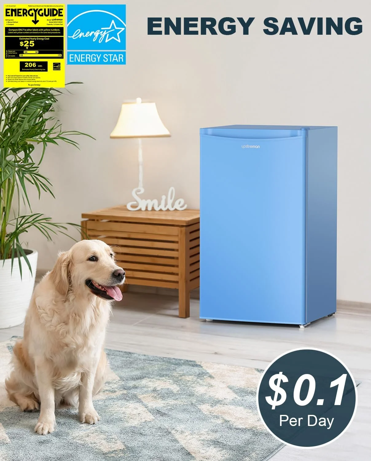 AUCHI 3.2 Cu.Ft Mini Fridge with Freezer, Single Door, Adjustable Thermostat, Refrigerator for Dorm, Office, Bedroom, Baby Blue-BR321