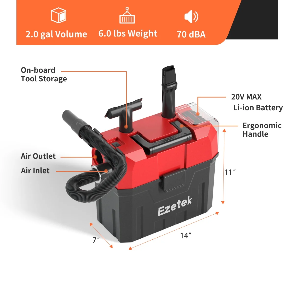 Cordless Wet Dry Vacuum Cleaner, Shop Vacuum 20V Battery, Portable 2 Gallon, with Attachments, for Home/Garage/Car, Red