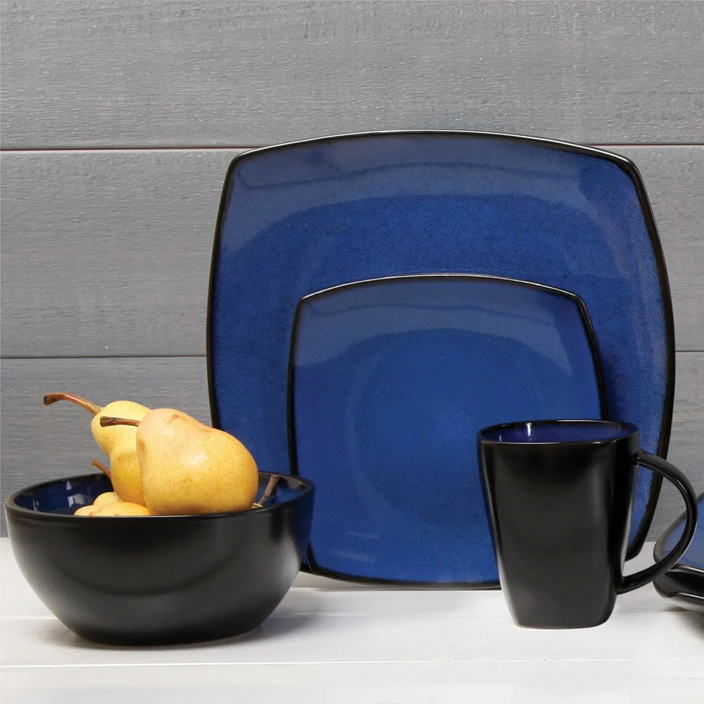 Gibson Soho Lounge 16 Piece Reactive Glaze Dinnerware Plates Bowls & Mugs, Blue
