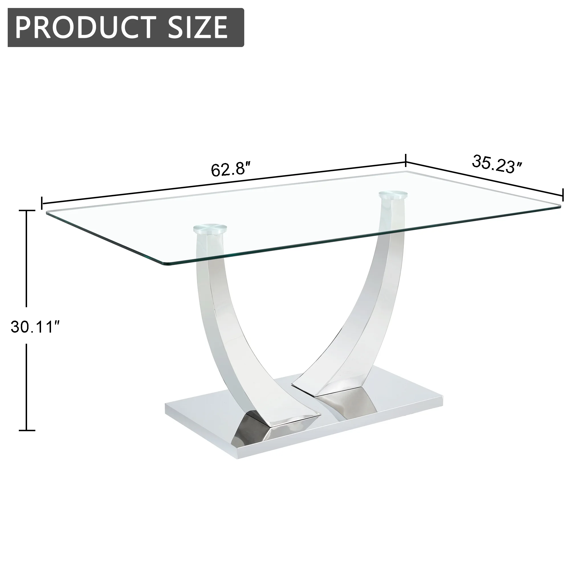 62.8' Rectangular Glass Dining Table for 4-6 with 0.39' Tempered Glass and Silver Chrome Metal Special-Shaped Bracket, for Kitchen Dining Living Banquet Hall Meeting Room