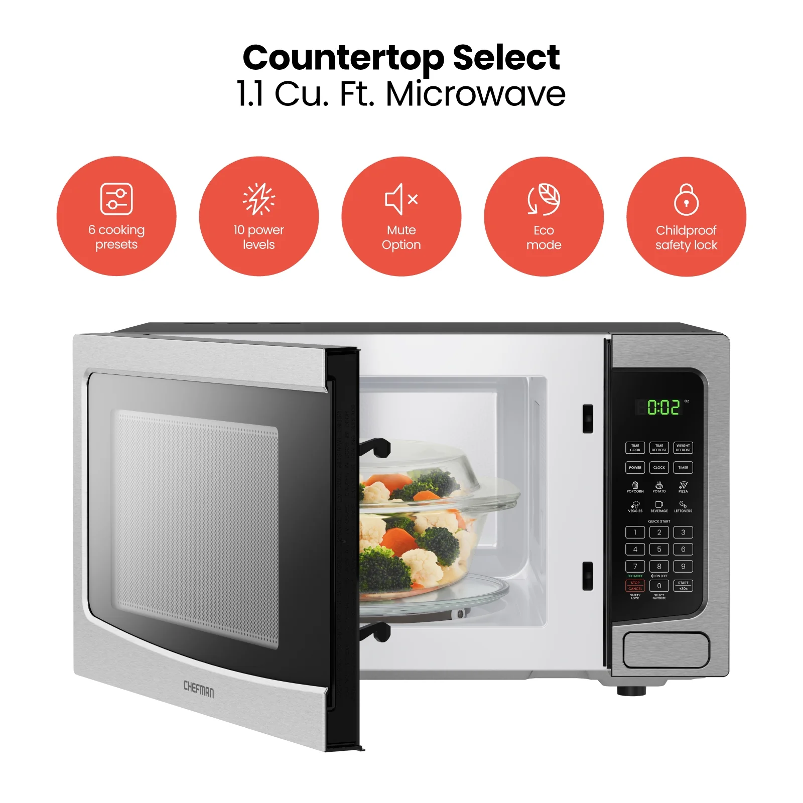 Chefman Countertop Microwave Oven 1.1 Cu. Ft. Digital Stainless Steel Microwave, 1000W