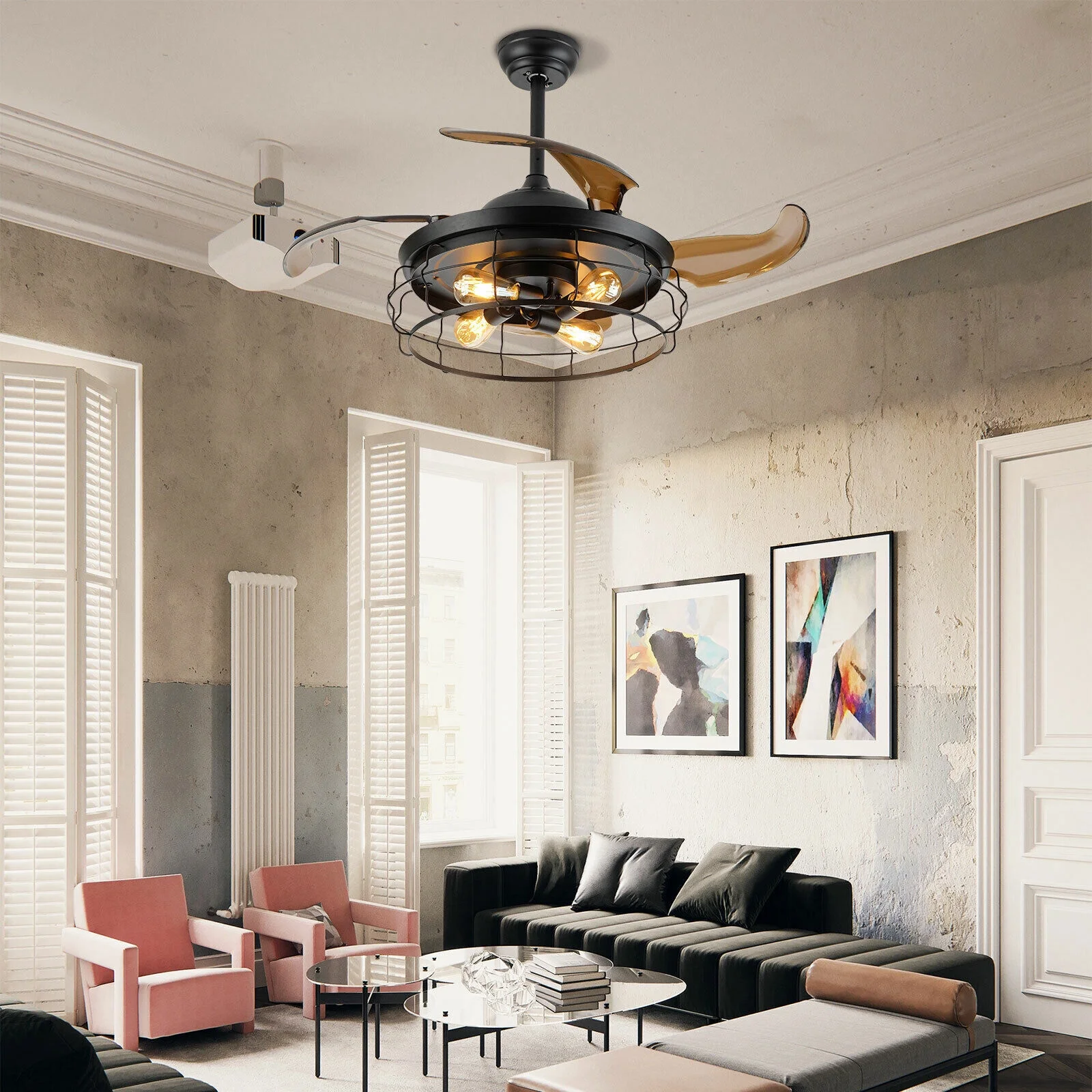 42'' Rustic Ceiling Fan Light&Remote Control Chandelier Retractable Blades Lamp