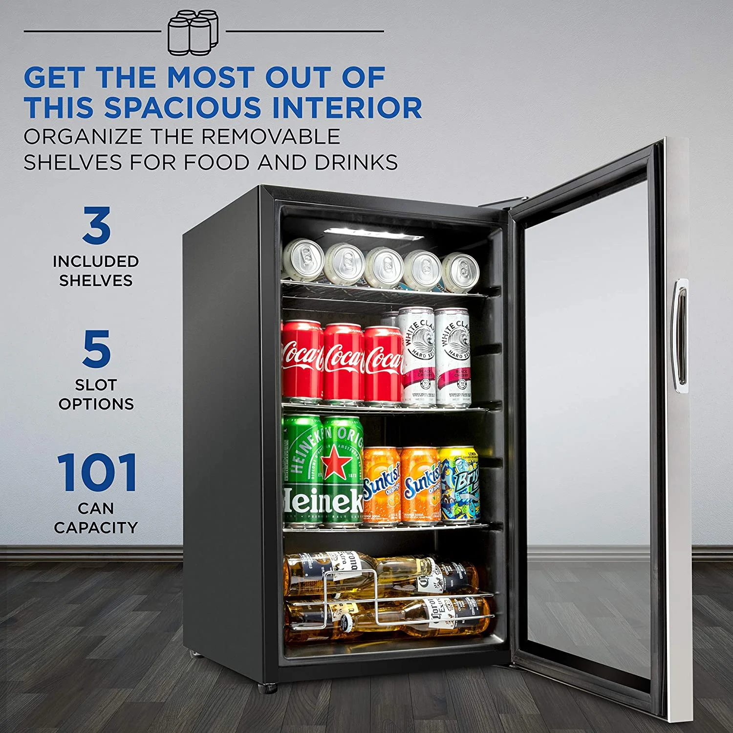 Ivation 101 Can Beverage Refrigerator, Freestanding Mini Fridge with Glass Door - Stainless Steel
