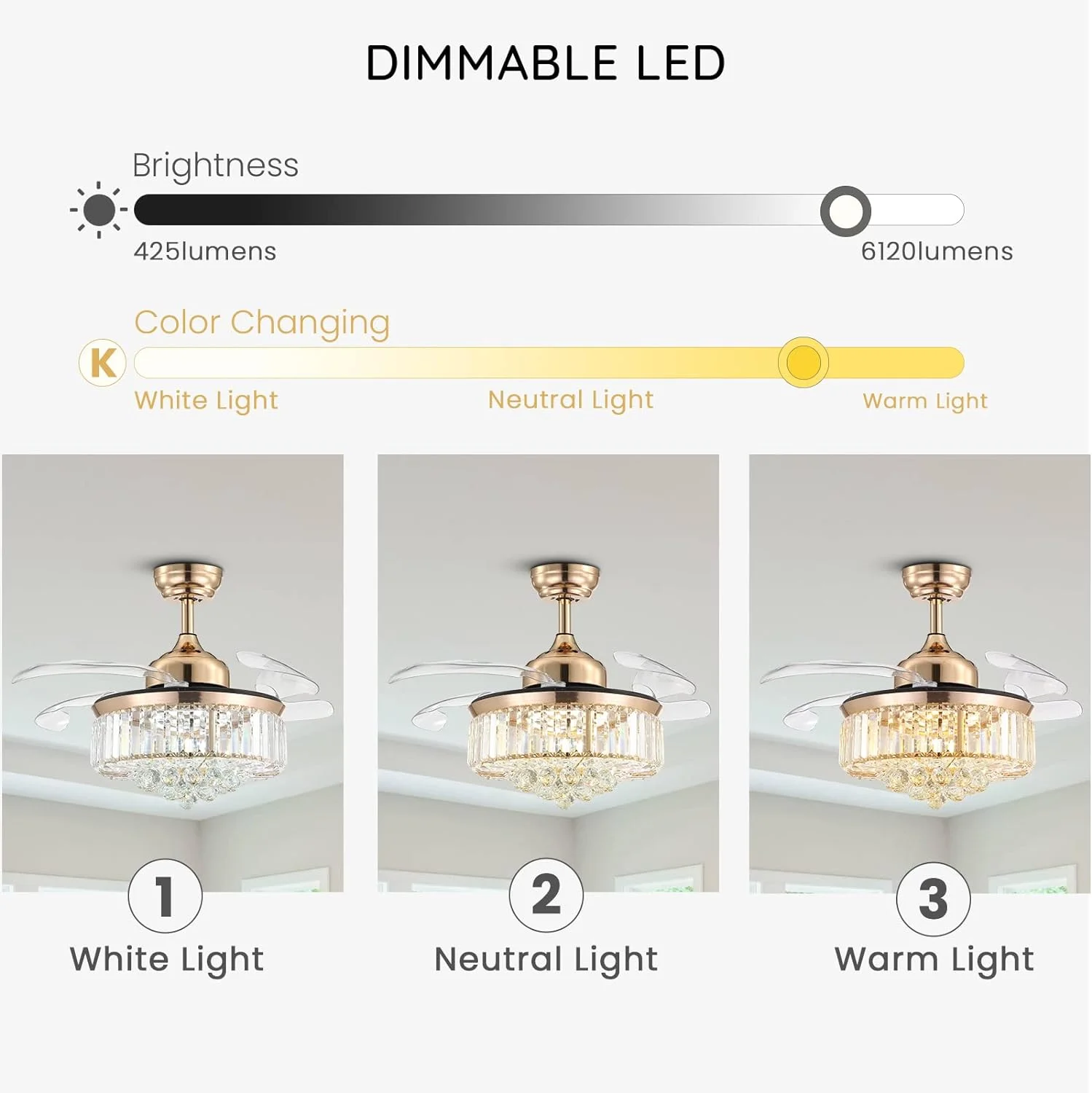 HOOMEDELIER 36' Chandelier Ceiling Fan with Remote, Crystal Beads Framed Fan with 4 Retractable Blades Smart Indoor Fandelier Fan