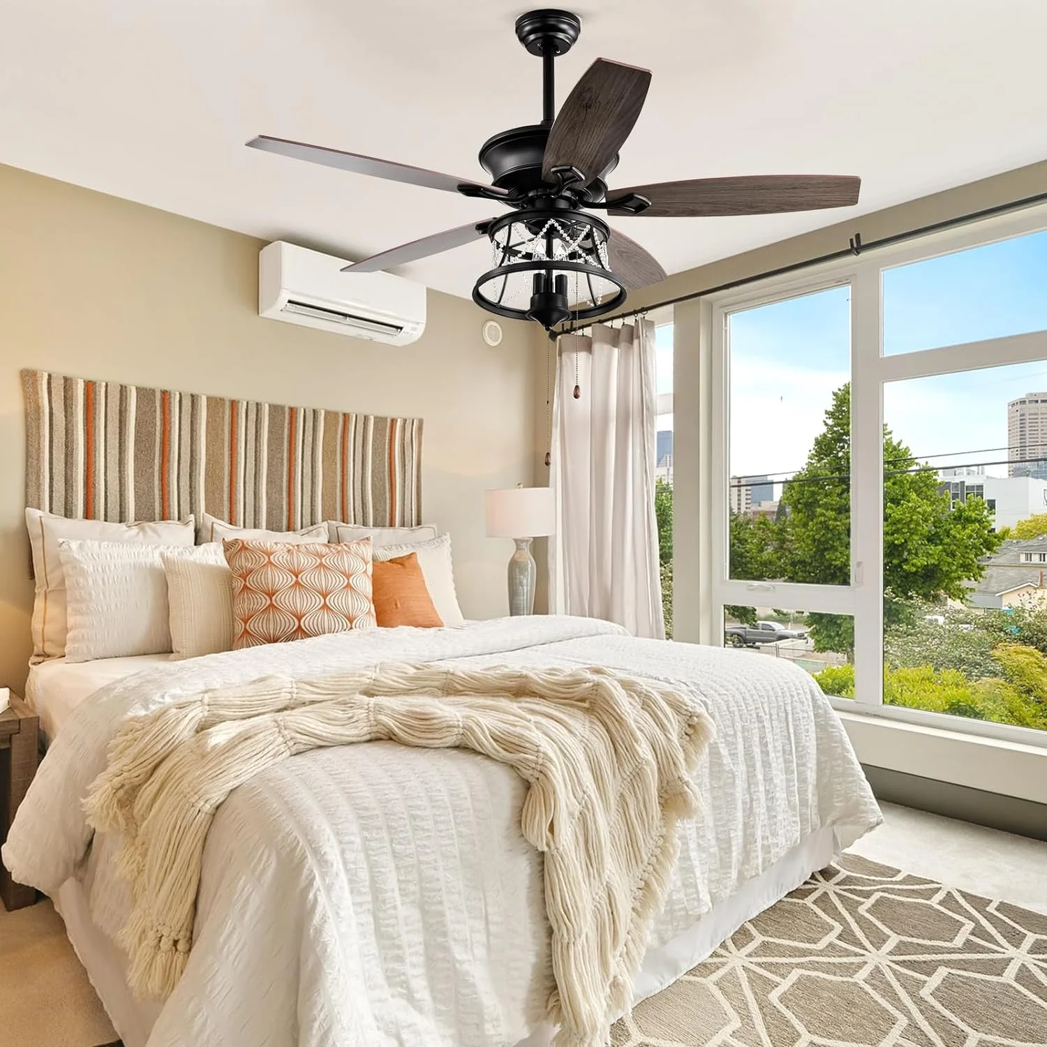 IKIFLY 52Inch Ceiling Fans with Lights, Indoor Outdoor Farmhouse Ceiling Fan with Pull-Cord Control, Dual Mounting Options, 5 Dual Finish Blades, Reversible Airflow for Patio, Porch, Kitchen