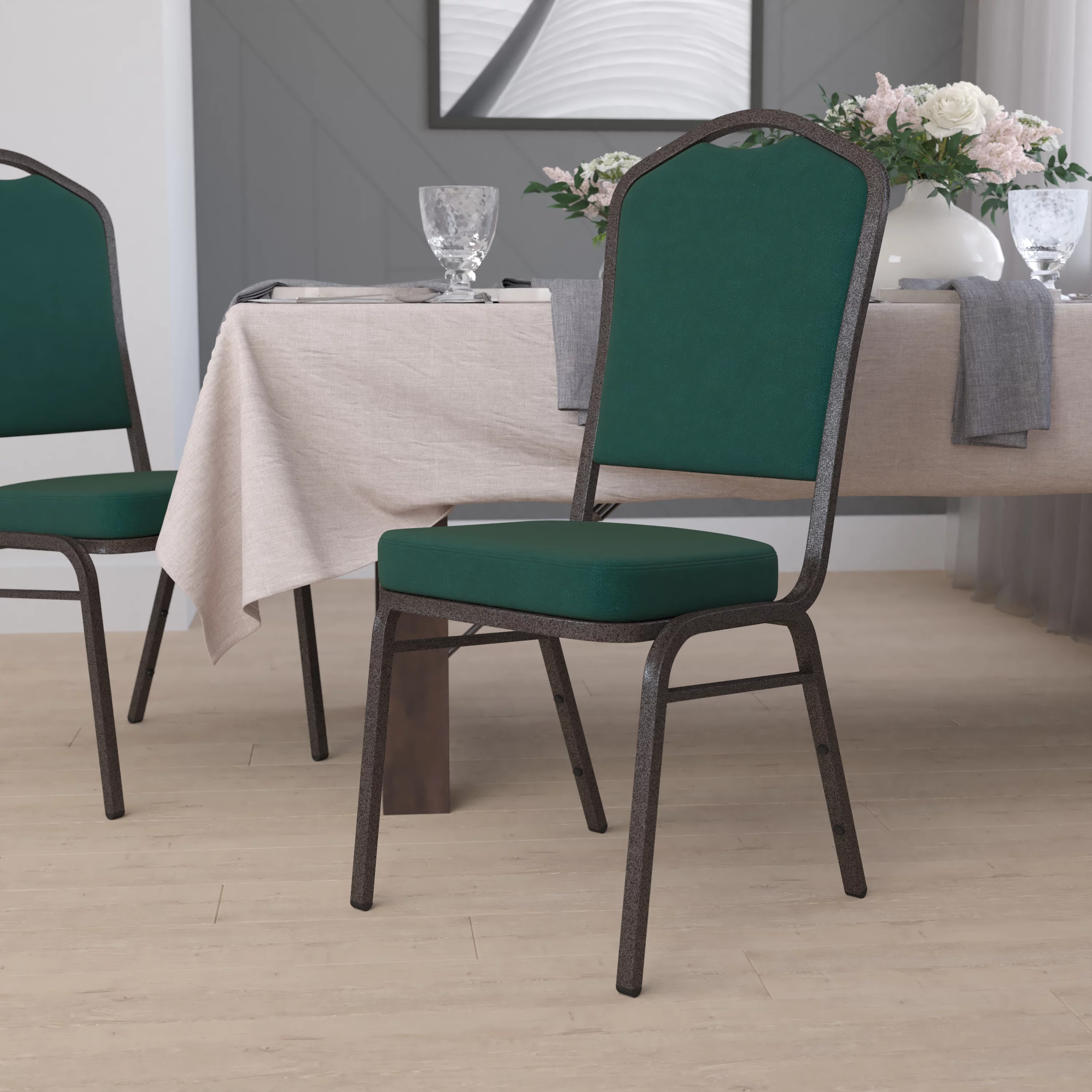 Flash Furniture HERCULES Series Crown Back Stacking Banquet Chair in Green Fabric - Gold Vein Frame