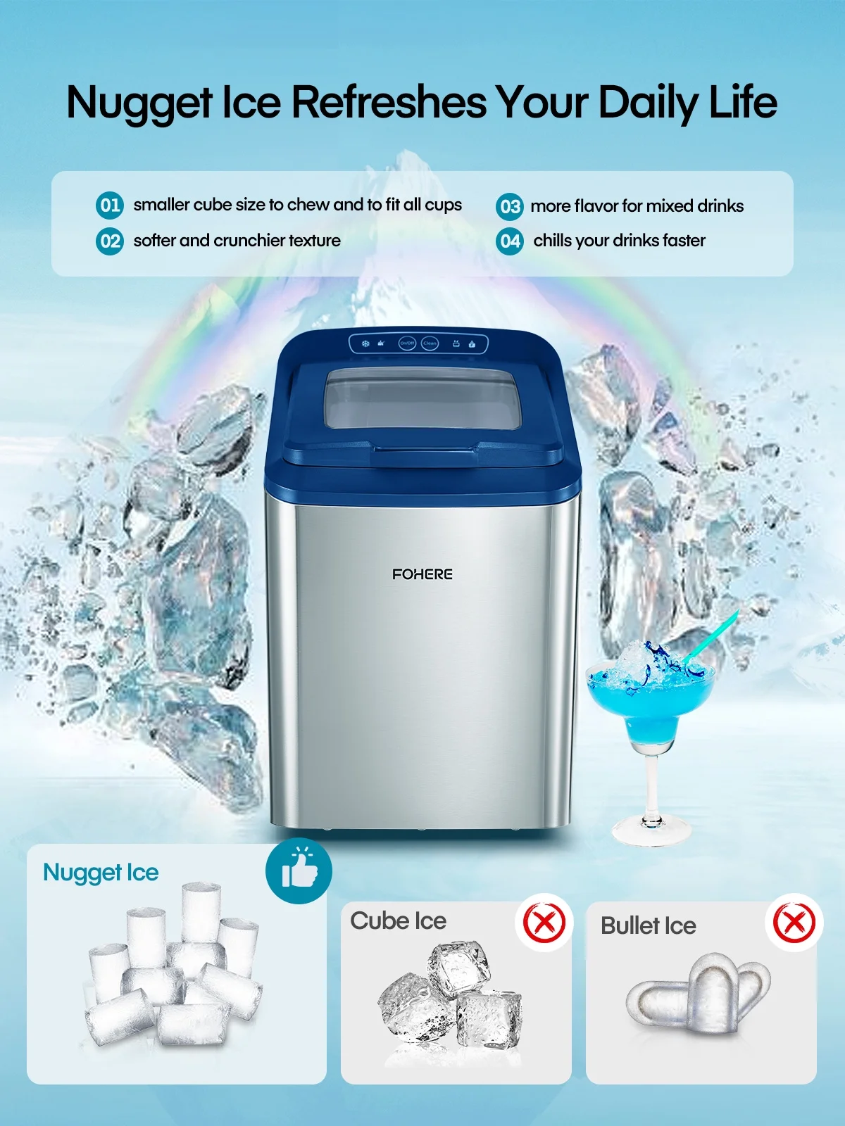FOHERE Nugget Ice Maker Countertop, 30Lbs Pebble Pellet Ice per Day, Self-Clean, Stainless Steel, Navy