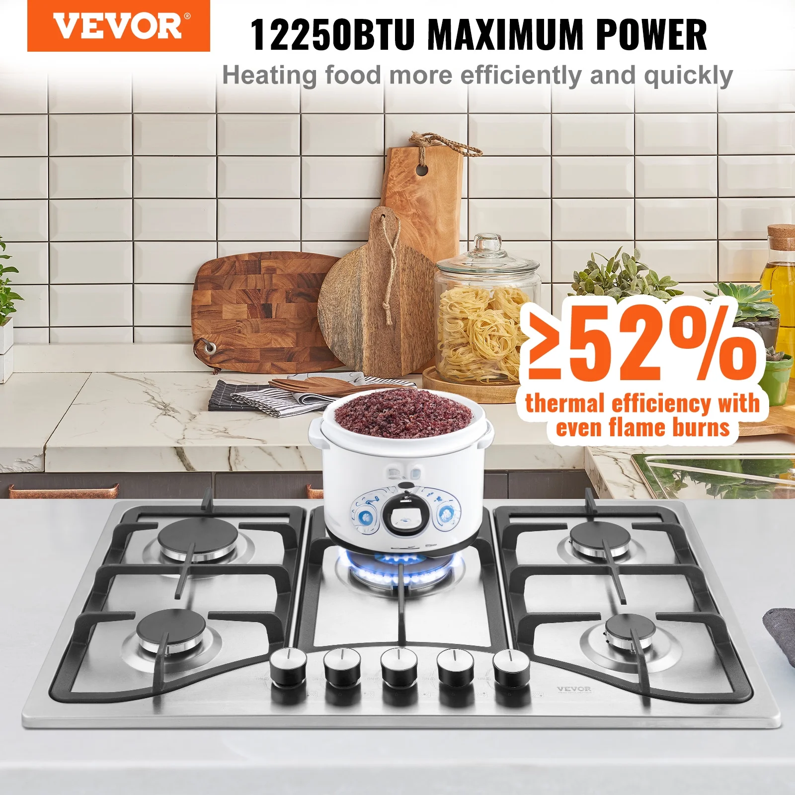 BENTISM Gas Cooktop Stove Top 30 inch Max 12250BTU 5 Burners Built-in LPG/NG Convertible