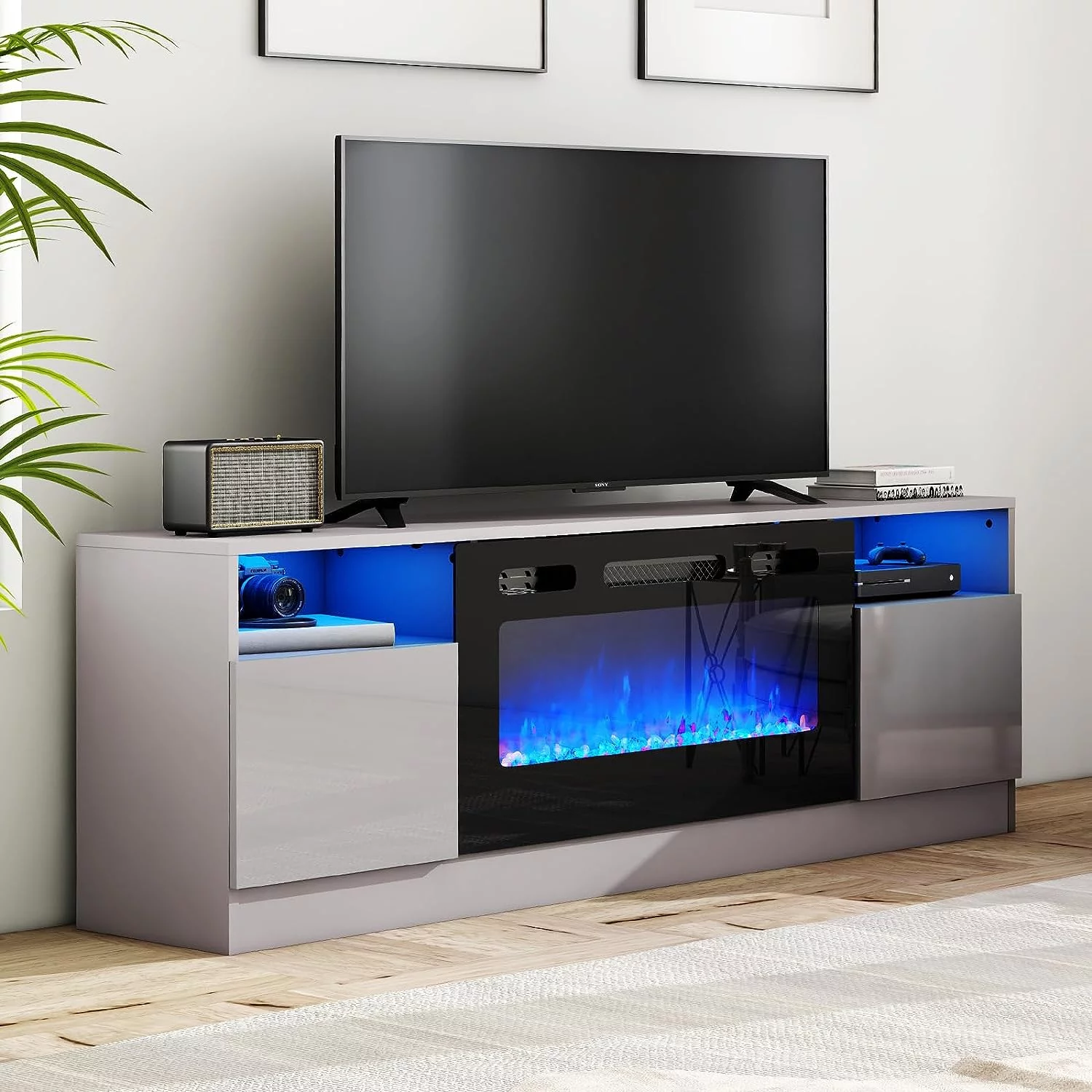 AMERLIFE 70' TV Stand with Electric Fireplace, Wood Table with Highlight Storage for TVs up to 80'