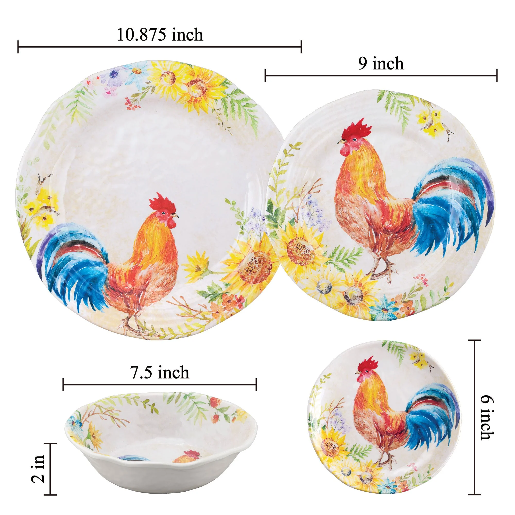 Gourmet Art 16-Piece Melamine Dinnerware Set, Includes Dinner Plates, Salad Plates, Dessert Plates, Bowls, Service for 4. (Rooster)