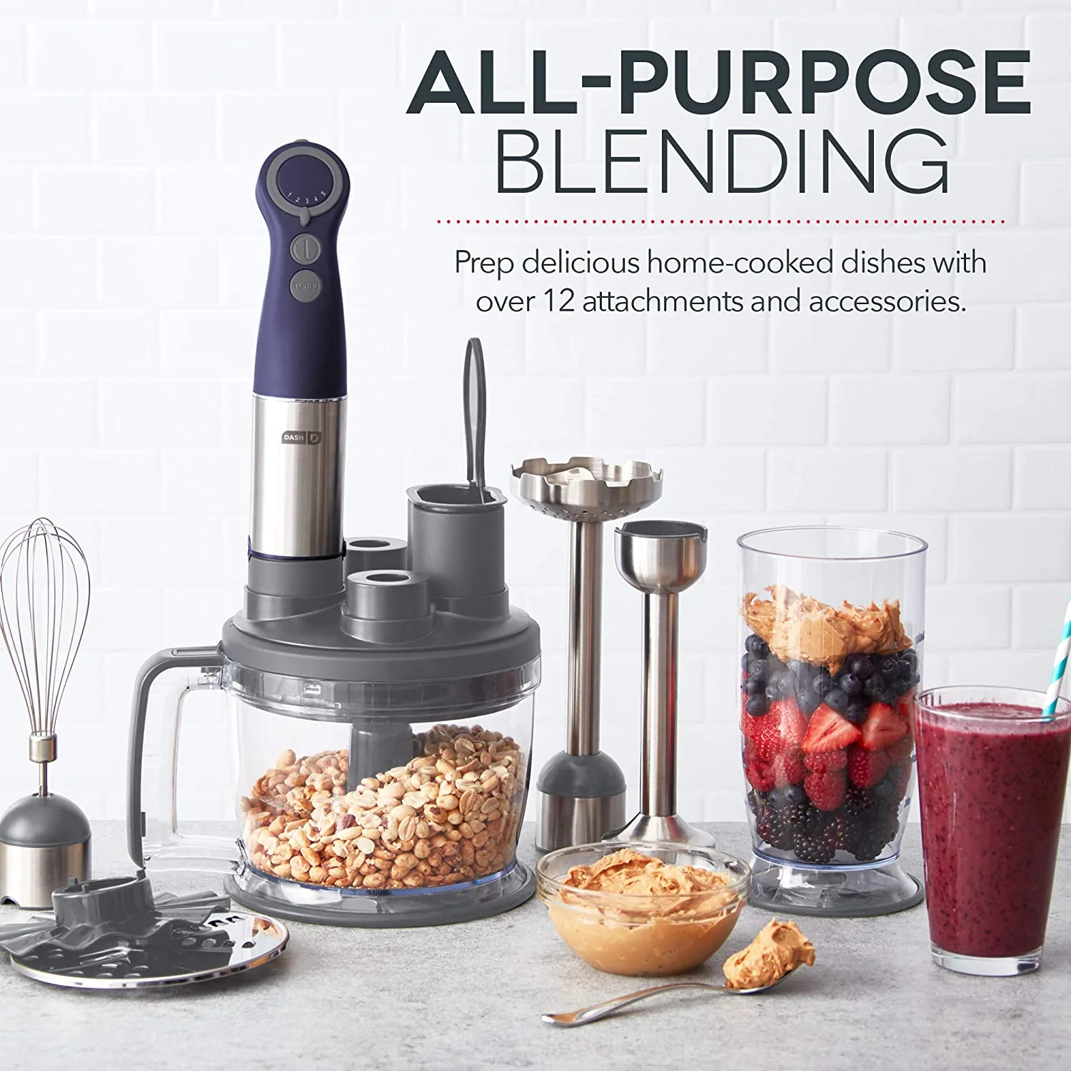 Dash Chef Series Deluxe Immersion Hand Blender, 5 Speed Stick Blender, Stainless Steel Blades, Dough Hooks, Food Processor, Grate, Mash, Slice, Whisk Attachments �C Midnight - New