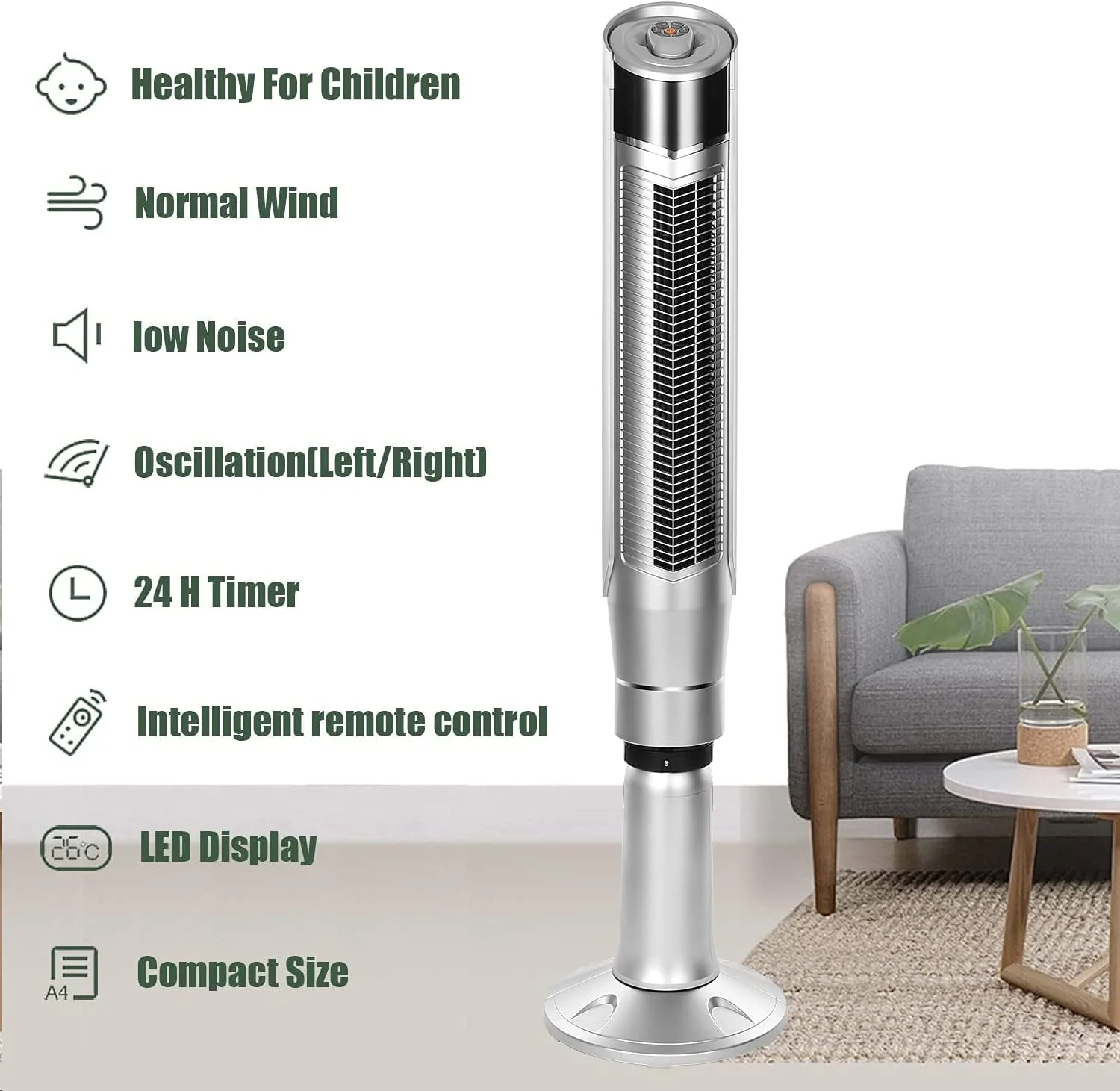 Auseo Tower Fan - 360�� Oscillation, Remote, 8 Speeds, 3 Modes, Bladeless - LED Display - 59' (Silver)