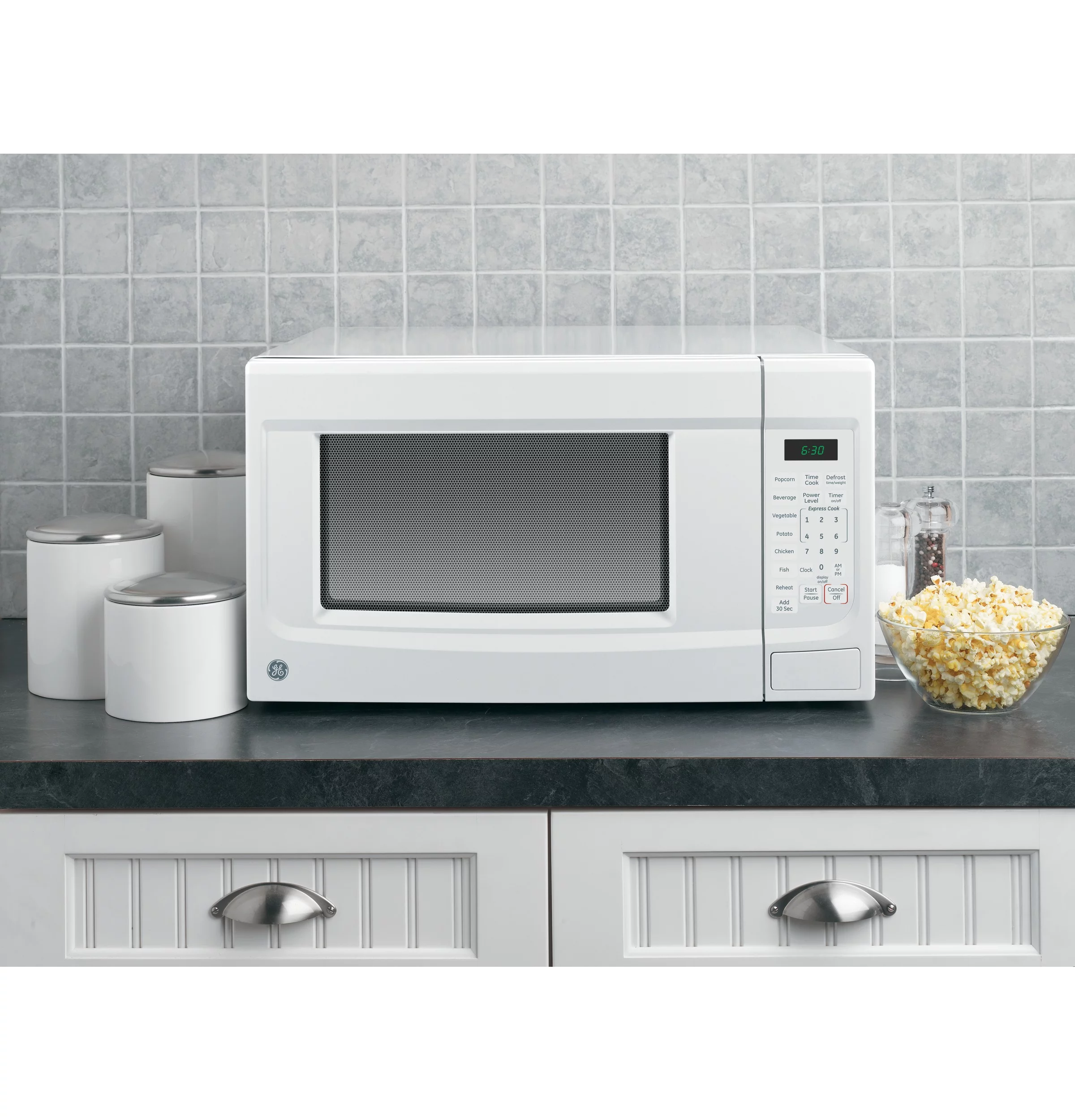 GE? 1.4 Cubic Foot Capacity Countertop Microwave Oven, White, JES1460DSWW