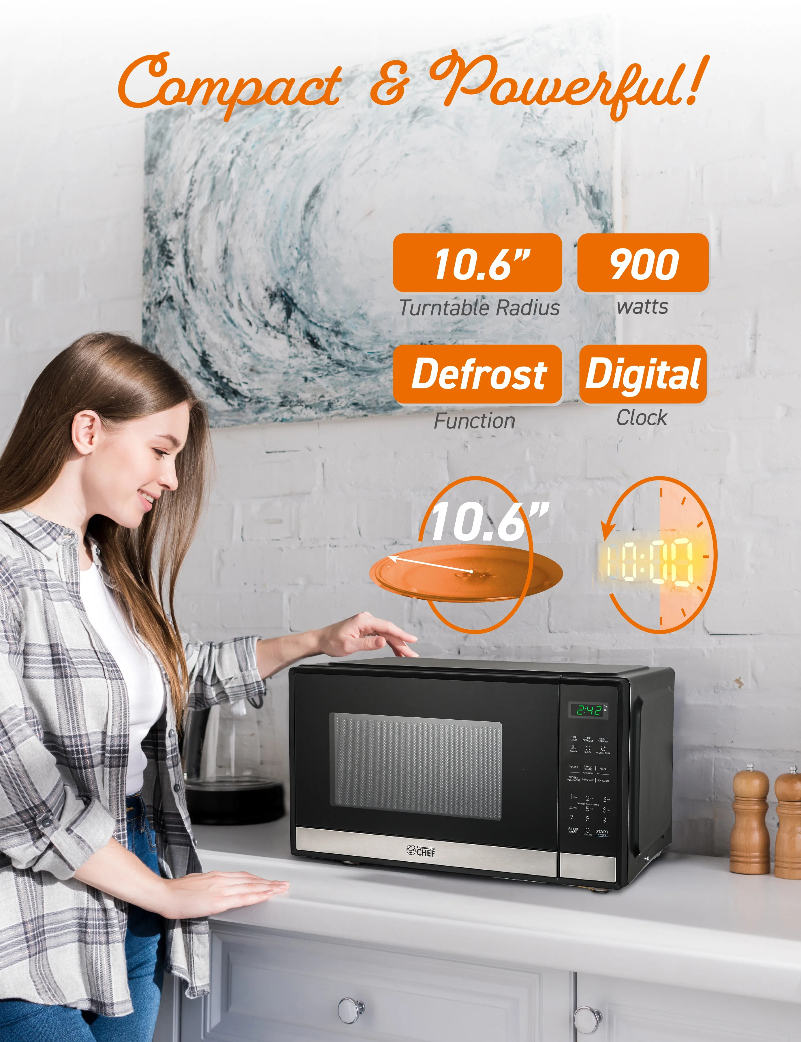 COMMERCIAL CHEF Small Microwave 0.9 Cu. Ft. Countertop Microwave with Touch Controls & Digital Display, Stainless Steel Microwave & 10 Power Levels, Outstanding Portable Microwave with Convenient Push