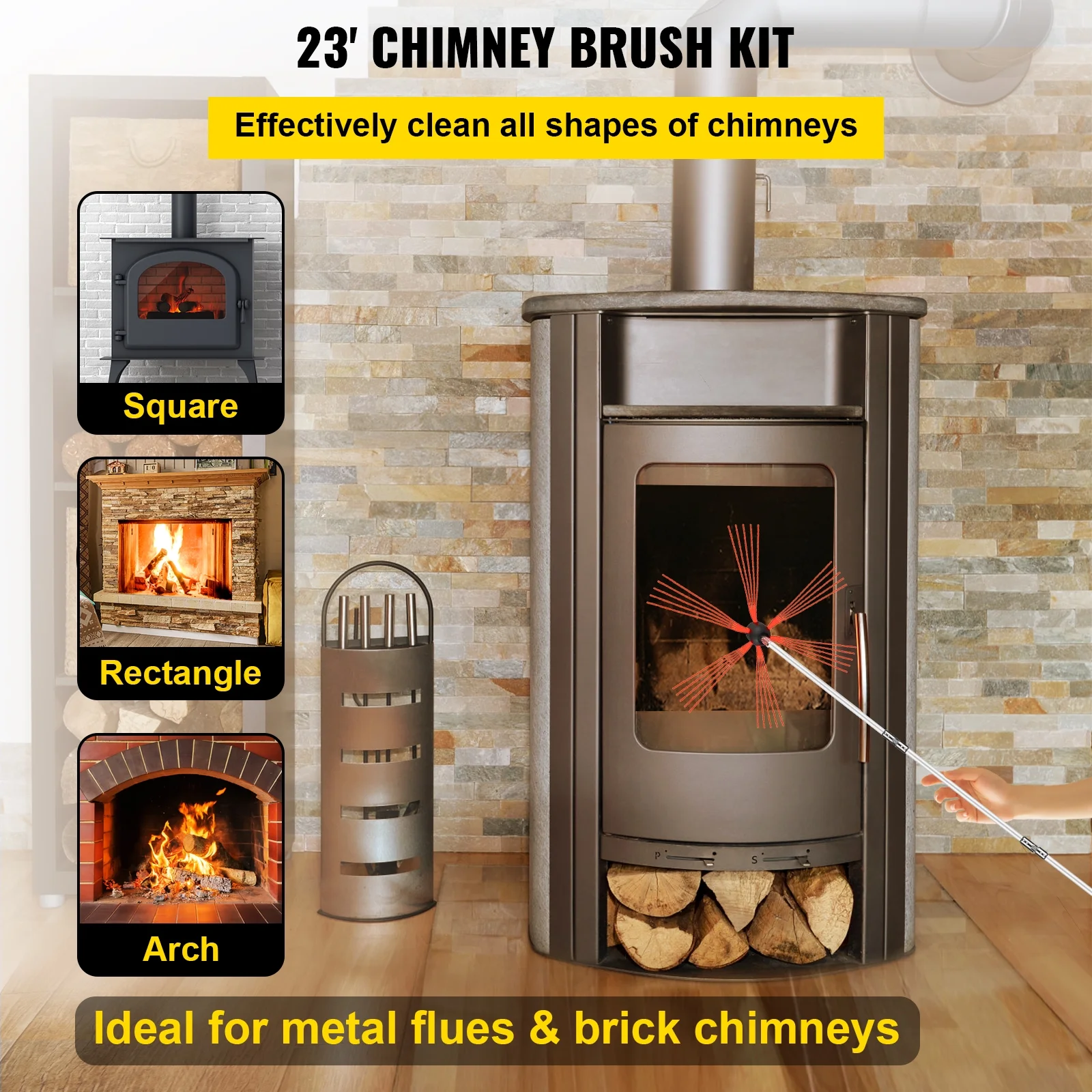 BENTISM Chimney Sweep Kit 23ft Length, Chimney Brush Kit with 7 Nylon Flexible Rods, Rotary Chimney Cleaning Kit Driven by Drill, Chimney Cleaning Tool Kits for Sweeping Fireplace Flue