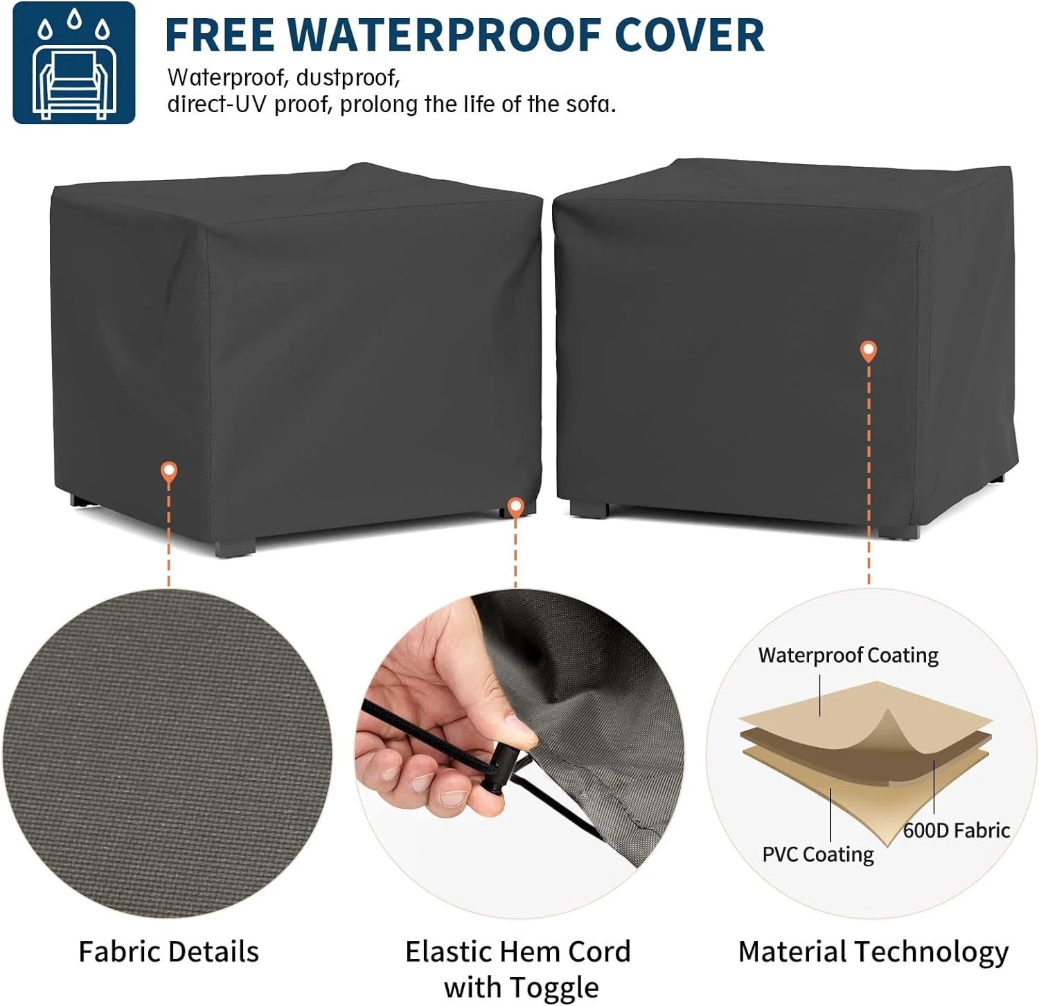 ELPOSUN Oversized Aluminum Patio Armchair, 2 PCS All-Weather Outdoor Modern Metal Single Sofa Chair w/ 5 Inch Cushions, Dark Grey and Blue (Include 2 Waterproof Sofa Covers)