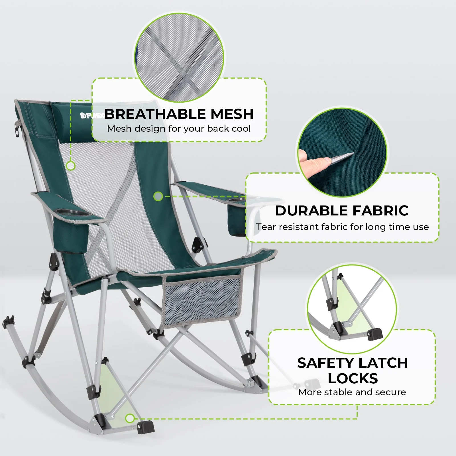 FUNDANGO 2 Pack Camping Rocking Chair Patio Swing Lounge Folding Chair with Headrest for Adult Green