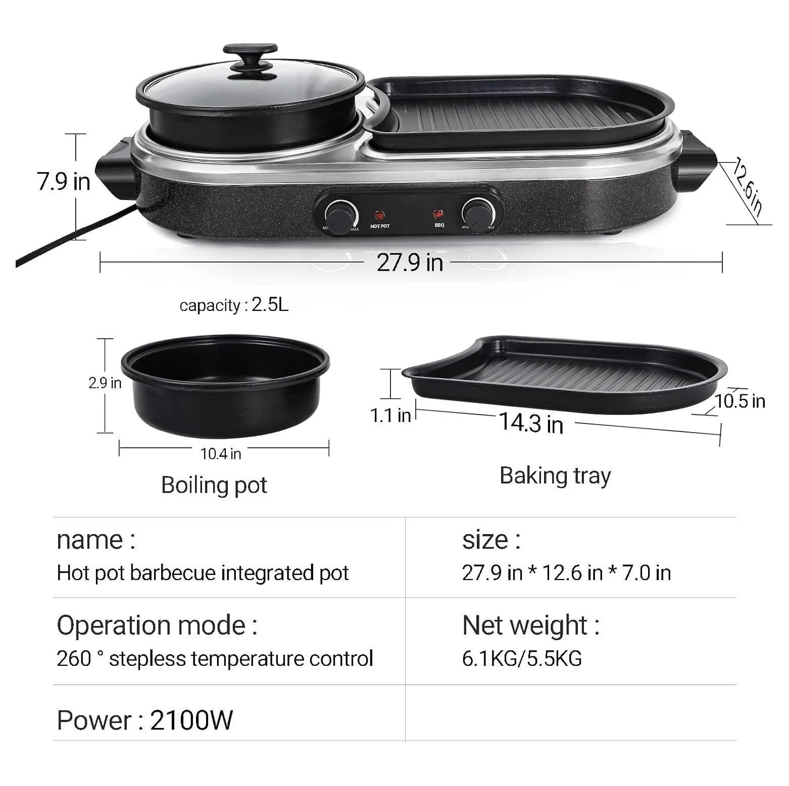 BULYAXIA Shabu Shabu Hot Pot, 2 in 1 Electric Grill, Indoor Smokeless Korean BBQ Grill, Dual Temperature Control, Capacity for 2-10 People