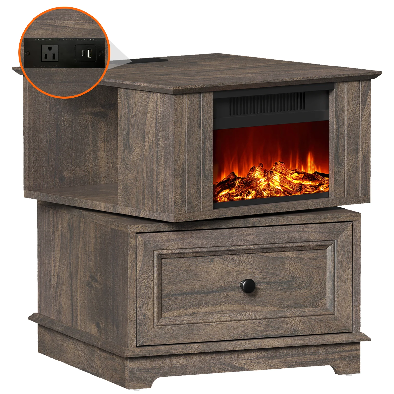 FAGAGA 19.7'' Fireplace End Table with Charging Station, Rotating Square Storage Side Table��Nightstand with Electric Fireplace Heater for Bedroom Living Room, Brown