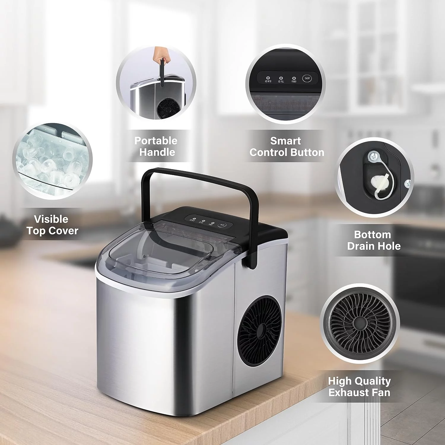 Countertop Ice Maker Portable Ice Machine Self-Cleaning with with Ice Scoop, Basket 26lbs in 24Hrs 9 Cubes Ready in 6Mins Ideal for Home,Kitchen,Bar,Camping,Silver